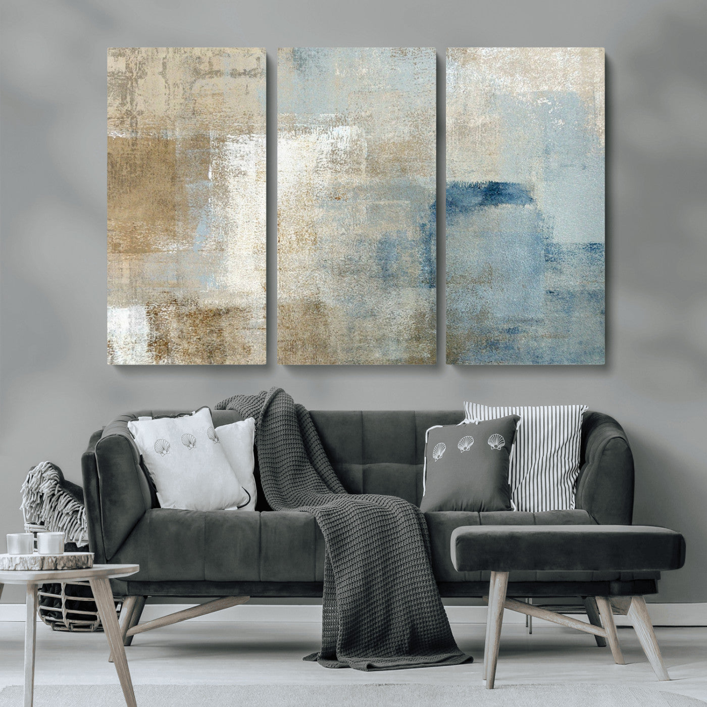 MGV-CV-48X32-3P - Abstract Blue and Beige Wall Art, Modern Minimalist Canvas Print Set, Giclee Textured Art, Large Multi-Panel Artwork for Living Room