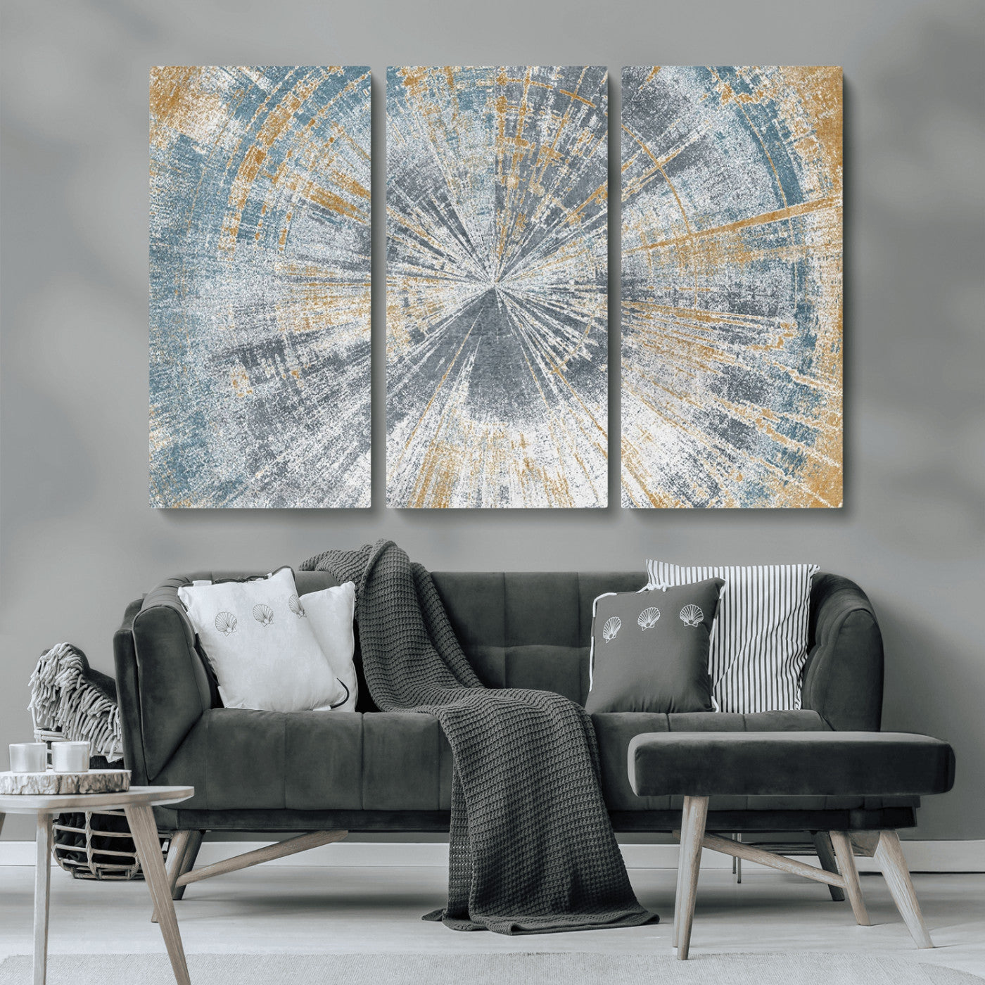MGV-CV-48X32-3P - Radiant Abstract Wood Rings Canvas Art – Modern Triptych Wall Decor for Living Room or Farmhouse Decor