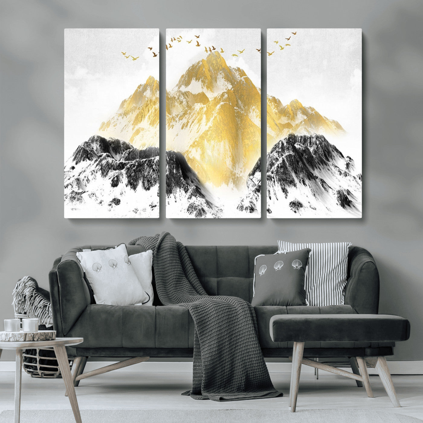 MGV-CV-48X32-3P - Golden Mountain Triptych Wall Art, Modern Giclee Canvas Print, Nature Landscape Decor for Living Room, Contemporary Gold and Black Wall Art