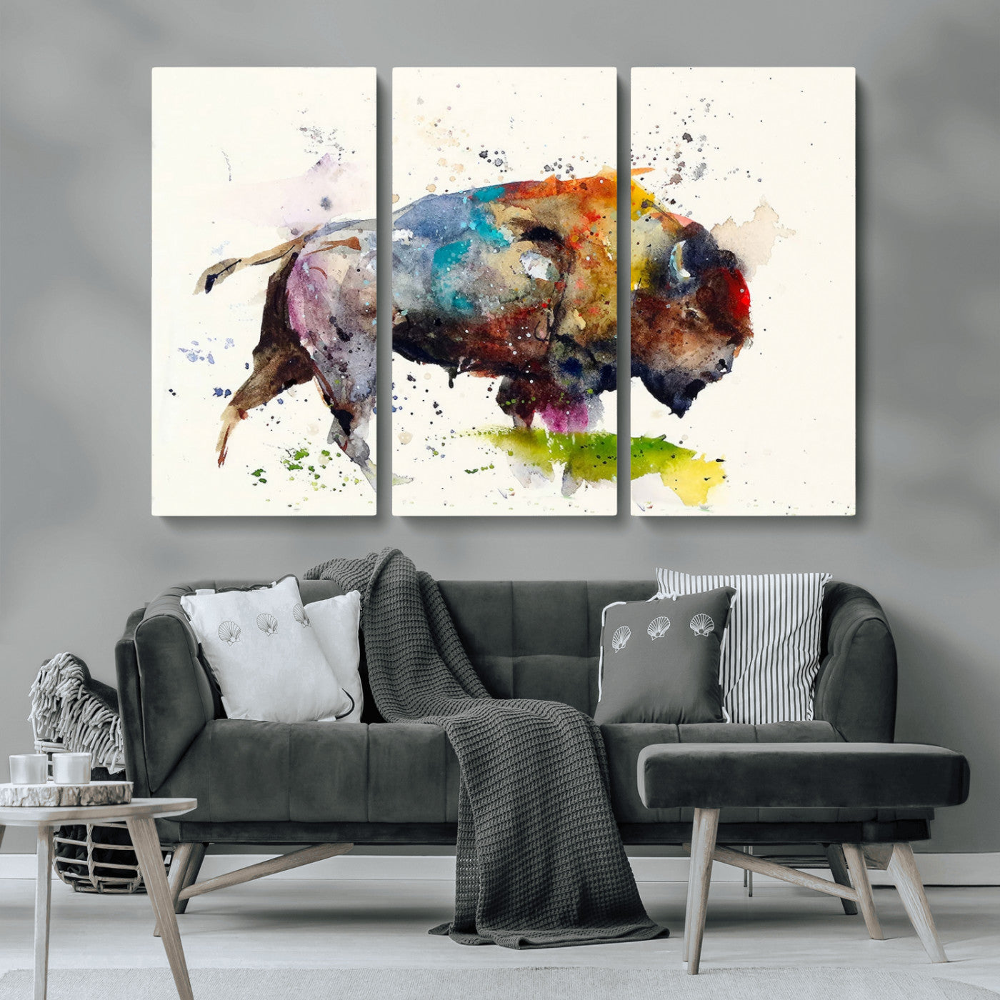 MGV-CV-48X32-3P - Abstract Buffalo Wall Art, Western Watercolor Bison Canvas Print, Rustic Buffalo Art for Cowboy and Western Decor, Large Multi-Panel Giclee Canvas