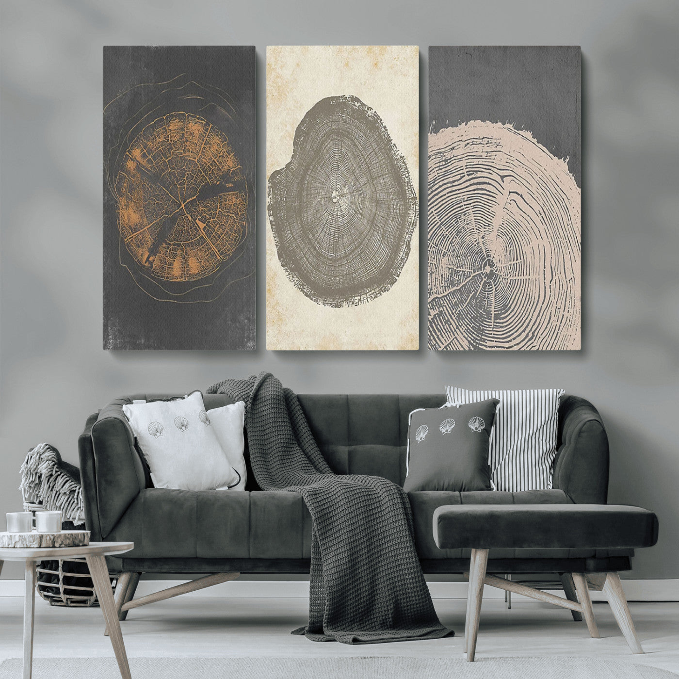 MGV-CV-48X32-3P - Boho Tree Ring Wall Art, Modern Minimalist Wood Grain Canvas, Tree Slice for Rustic Decor, Farmhouse Decor Giclee Canvas Print, Tree Ring Canvas Set