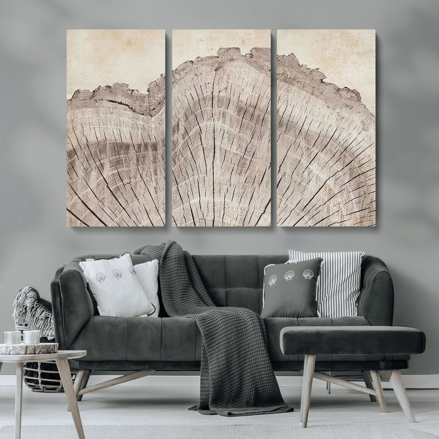 MGV-CV-48X32-3P - Tree Ring Wall Art Triptych, Rustic Wood Ring Canvas Print, Minimalist Wall Decor for Modern Homes and Farmhouse Decor