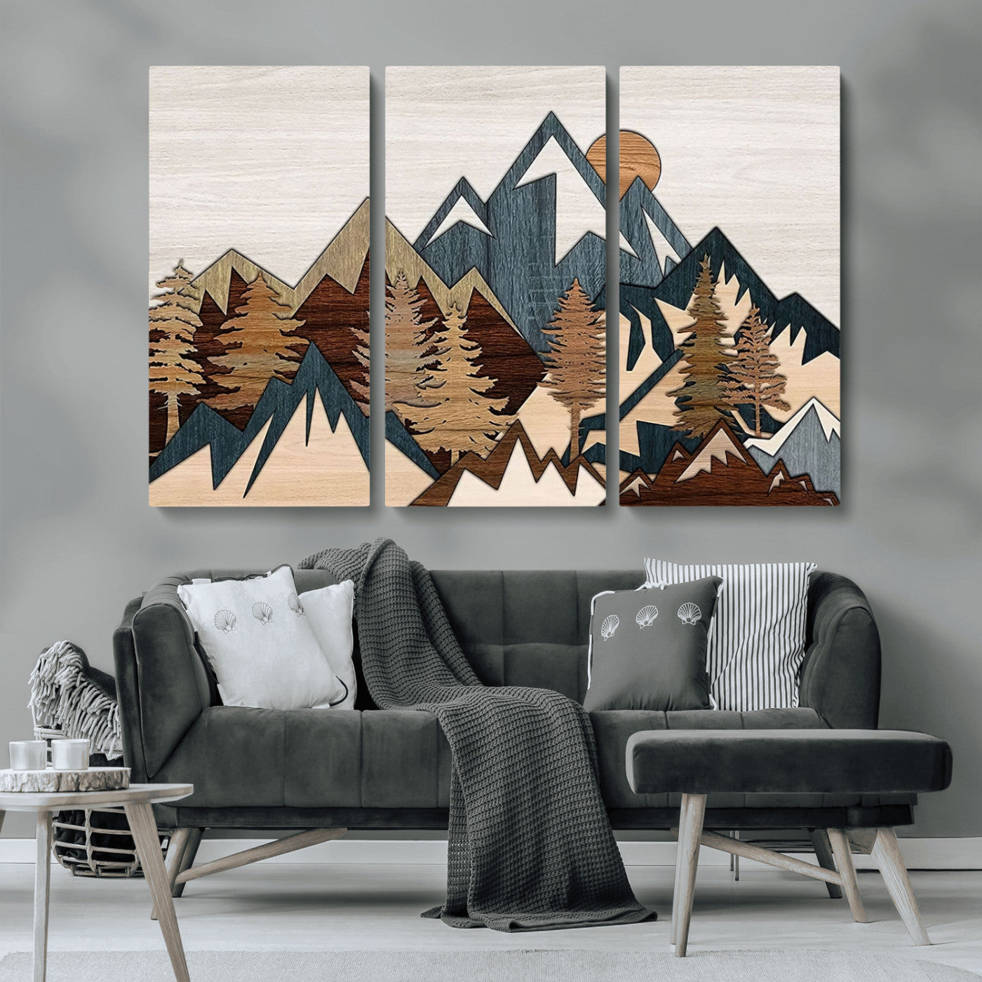 MGV-CV-48X32-3P - Rustic Abstract Wood Panel Effect Canvas Mountain Range Top Wood Wall Art Canvas Print