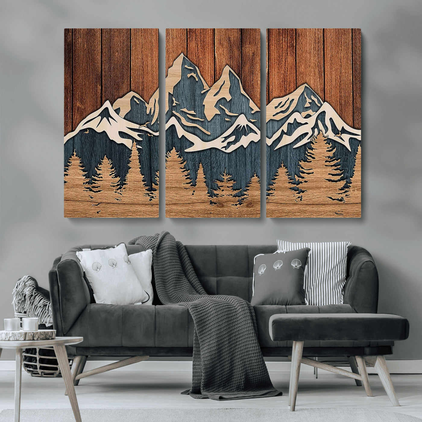 MGV-CV-48X32-3P - Rustic Wood Style Mountain Wall Art, Nature Forest Canvas Print, Wooden Textured Mountain Artwork, Handcrafted Landscape Decor for Farmhouse Decor