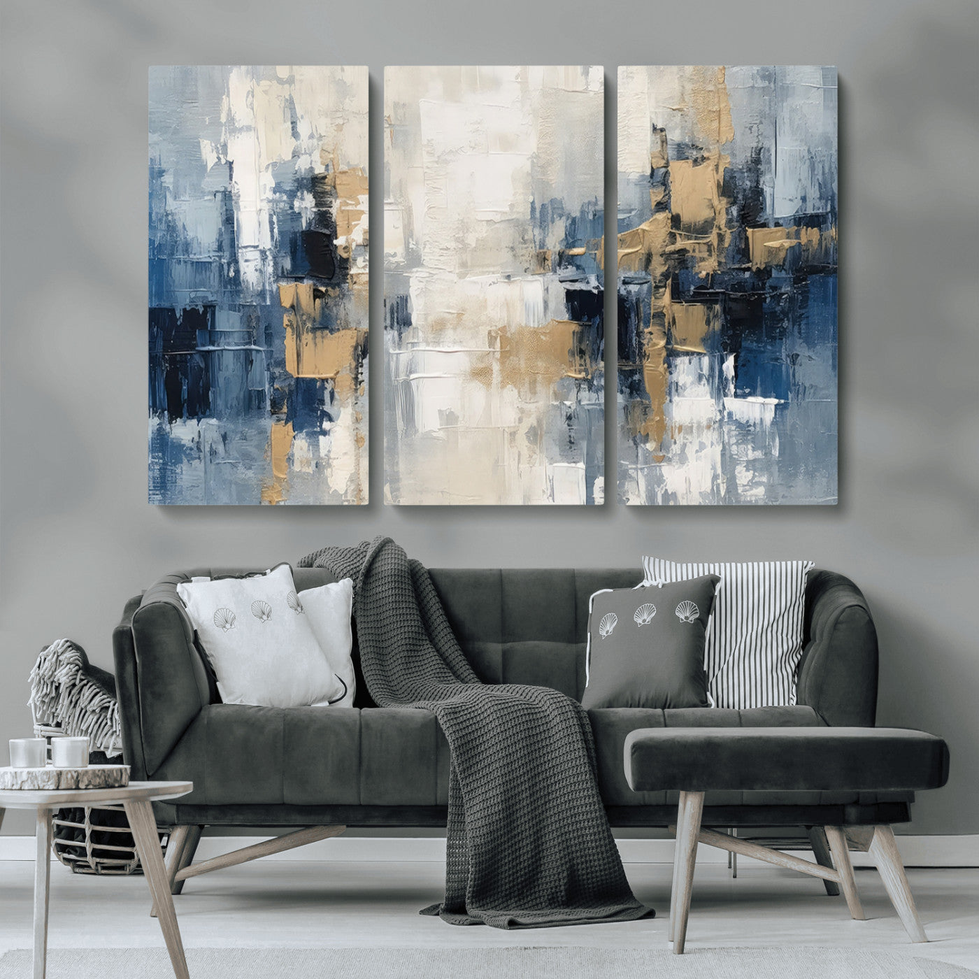 -Modern Abstract Canvas Wall Art in Blue and Gold Tones | Large Contemporary Art for Living Room,