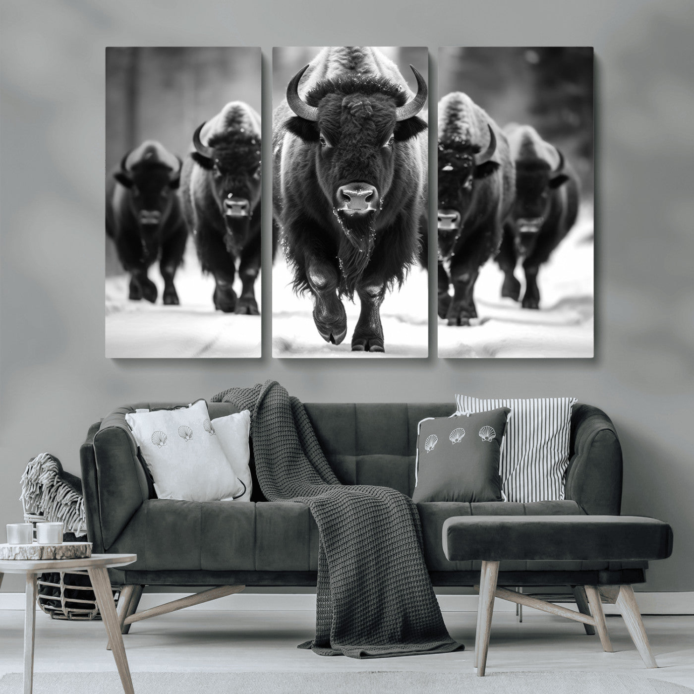 MGV-CV-48X32-3P - American Bison Art | Buffalo Herd Wall Art Canvas Print, BW American Bison Herd Wall Art Canvas Print
