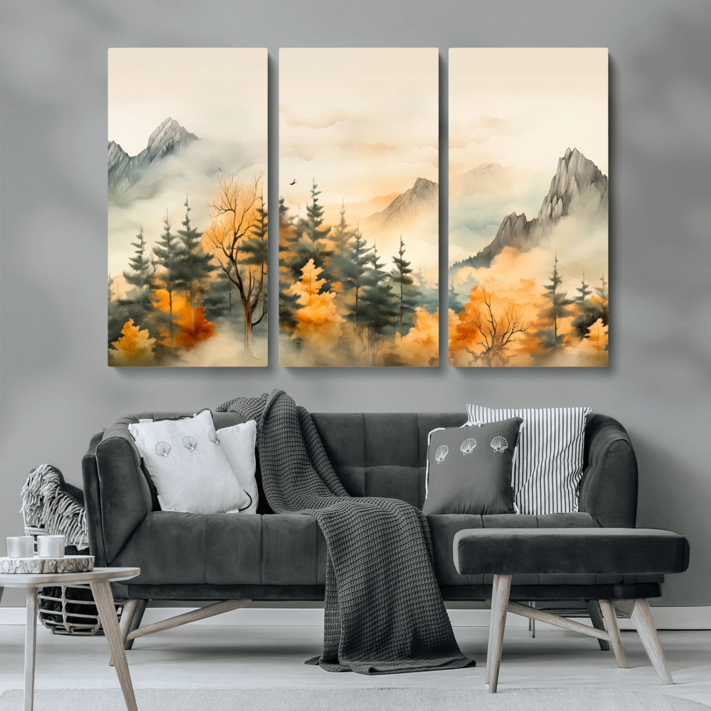 MGV-CV-48X32-3P - Abstract Watercolor Mountains and Trees Autumn Art, Watercolor Mountains and Trees Canvas Print