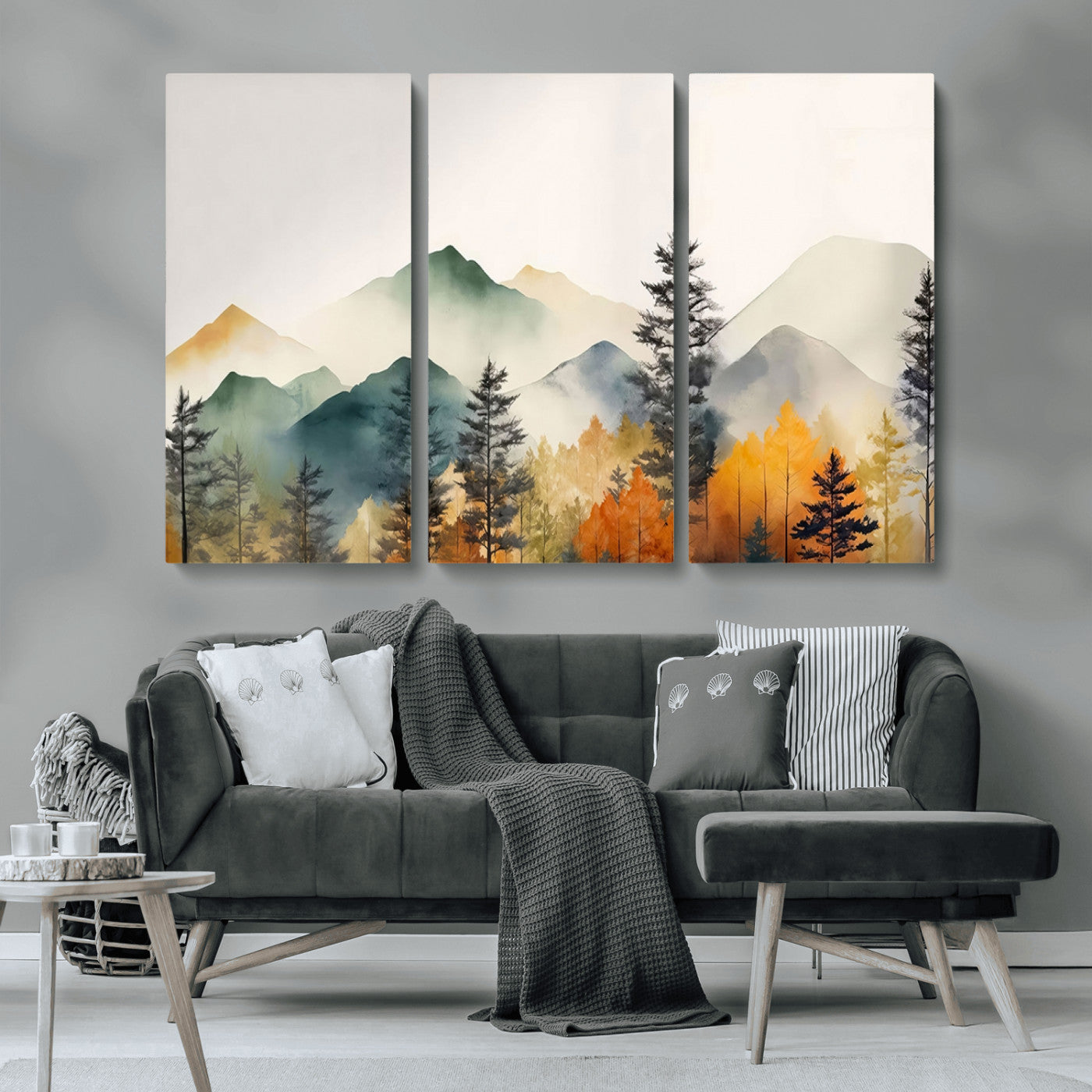 MGV-CV-48X32-3P - Abstract Watercolor Mountains and Trees Autumn Wall Art, Mountains and Trees Autumn Wall Art Canvas