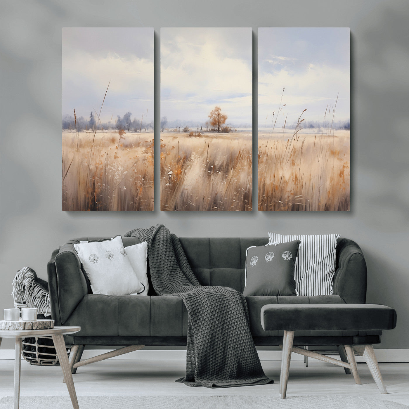MGV-CV-48X32-3P - Golden Fields Wall Art Print Canvas – Serene Landscape of Nature’s Tranquility in Minimalist for