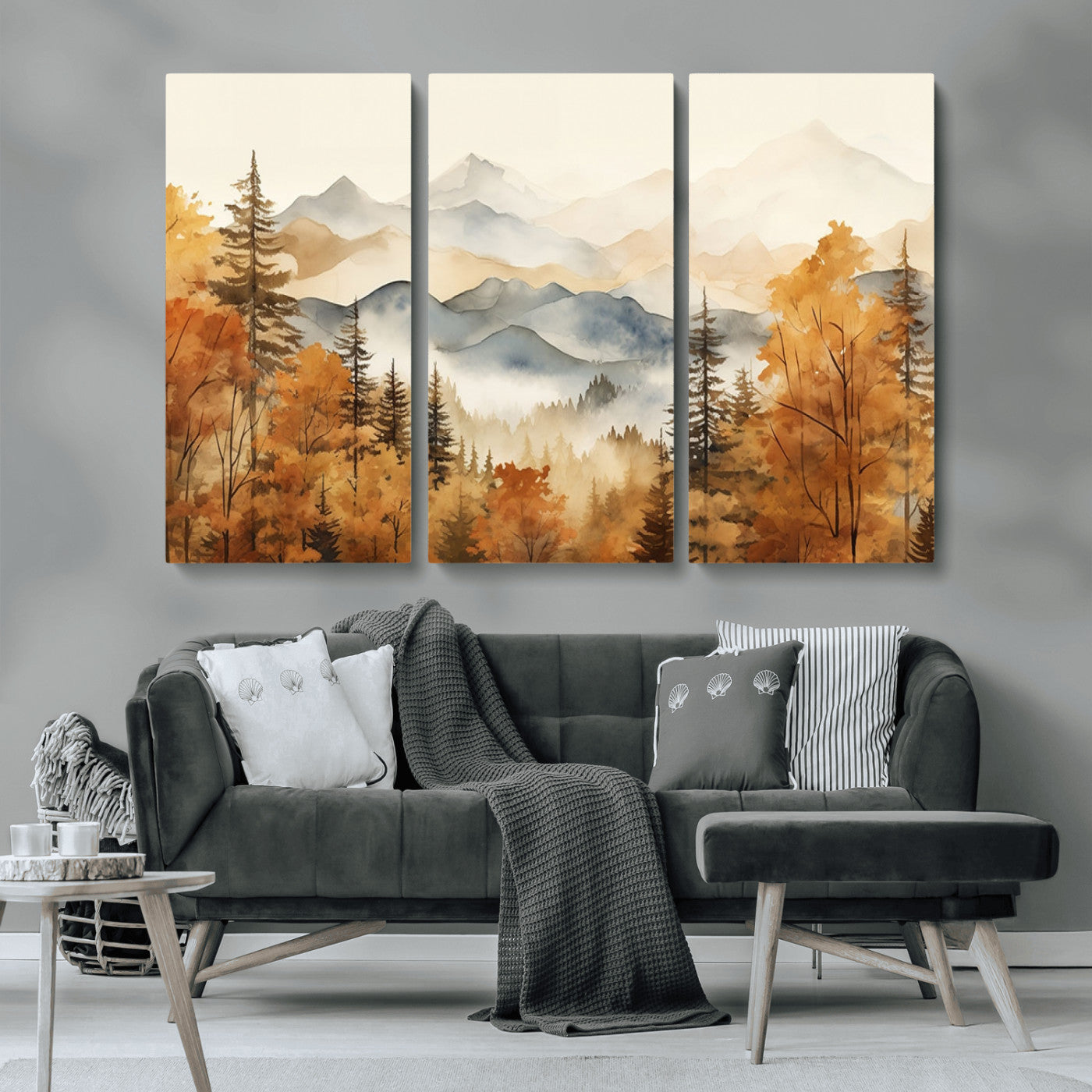 MGV-CV-48X32-3P - Golden Autumn Forest Wall Art | Mountain Landscape Canvas Print for Living Room or Bedroom | Large Wall Decor with Nature-Inspired Design