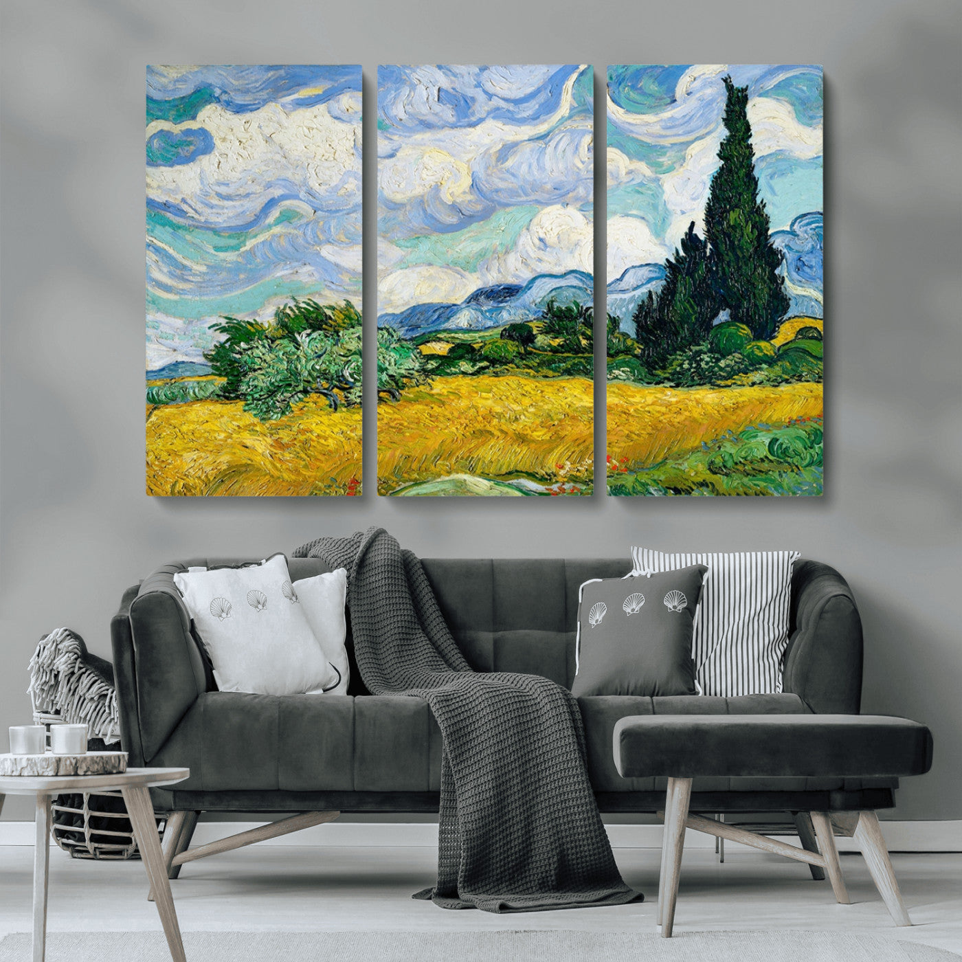 MGV-CV-48X32-3P - Wheatfield With Cypresses By Van Gogh Painting Wall Art Canvas Print