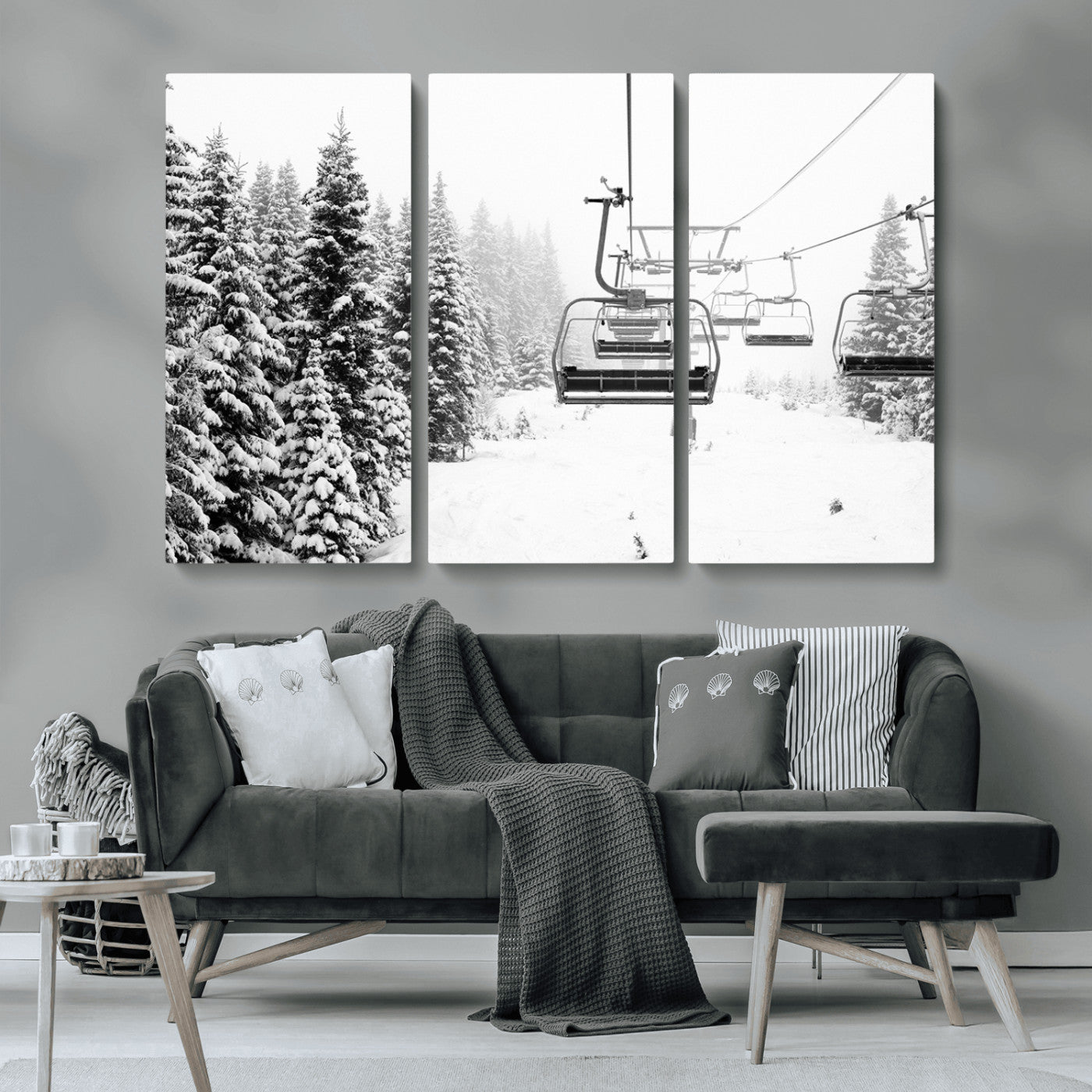 MGV-CV-48X32-3P - Ski Wall Art - Ski Lift Wall Art Canvas Print Snow Covered Spruce Trees Winter Wall Art Ski Skier