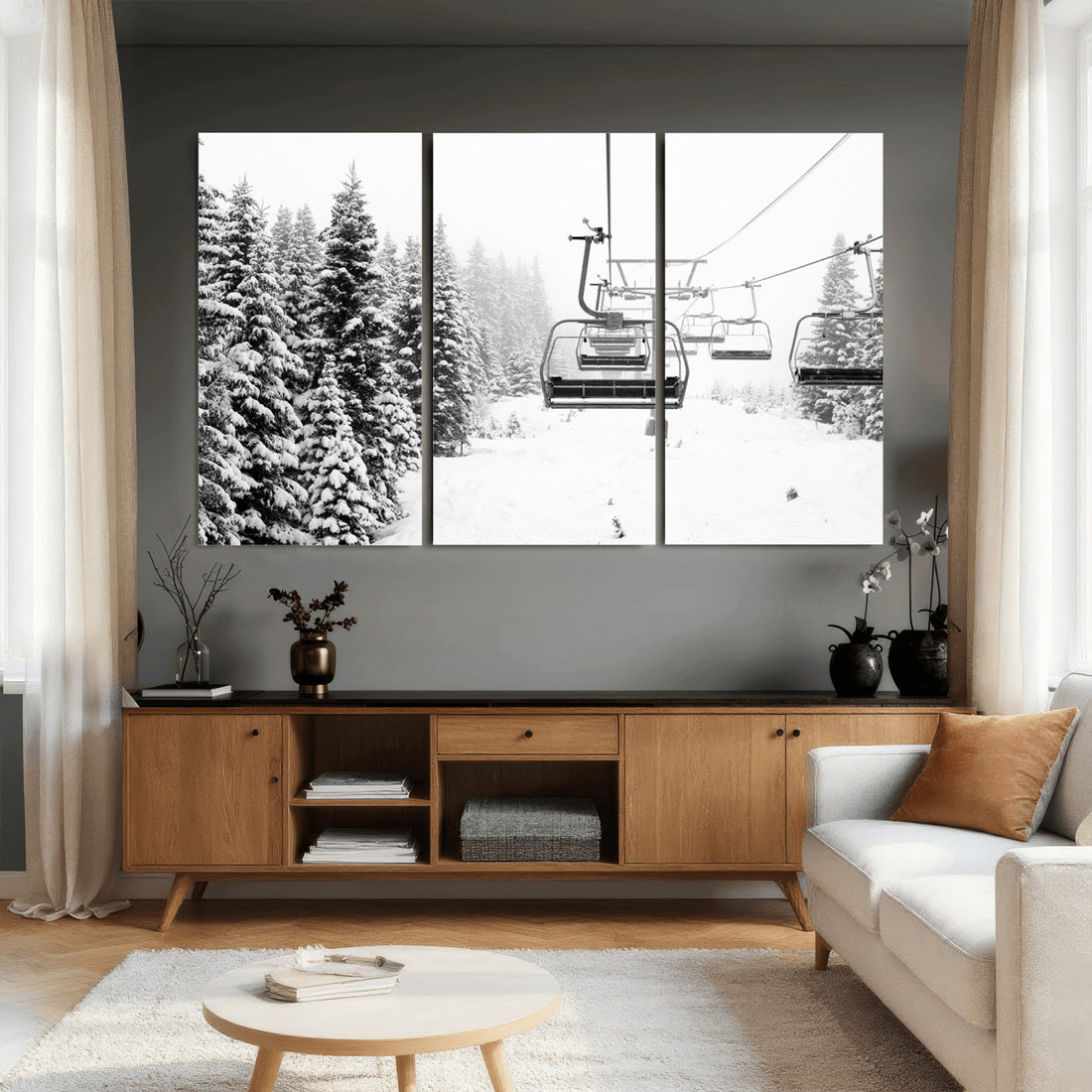 Winter Forest Wall Art Canvas Print | Framed Snowy Mountain with Ski Lift