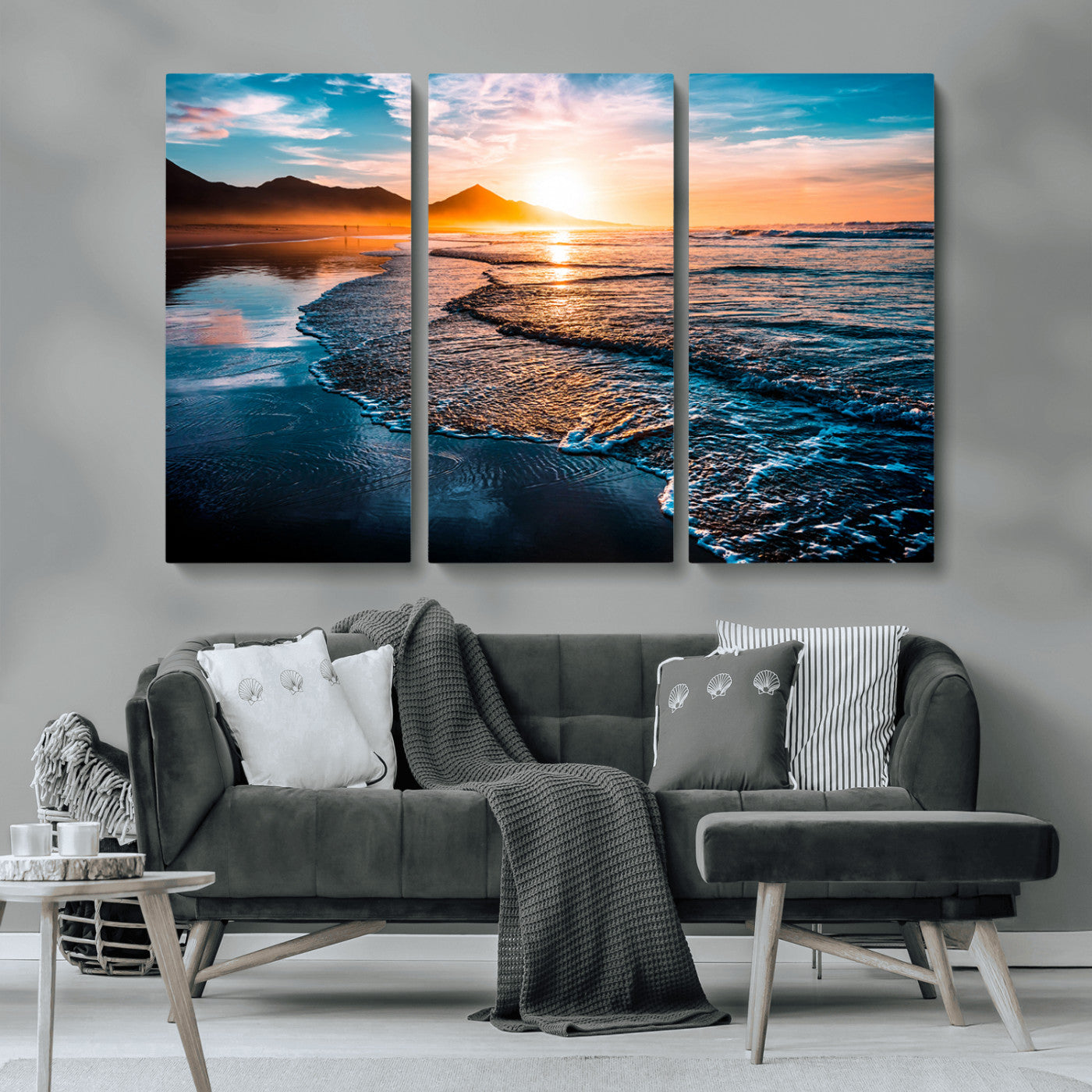 MGV-CV-48X32-3P - Sunset Beach Ocean Canvas Wall Art – Tranquil Ocean Reflections at Dusk – Ready to Hang