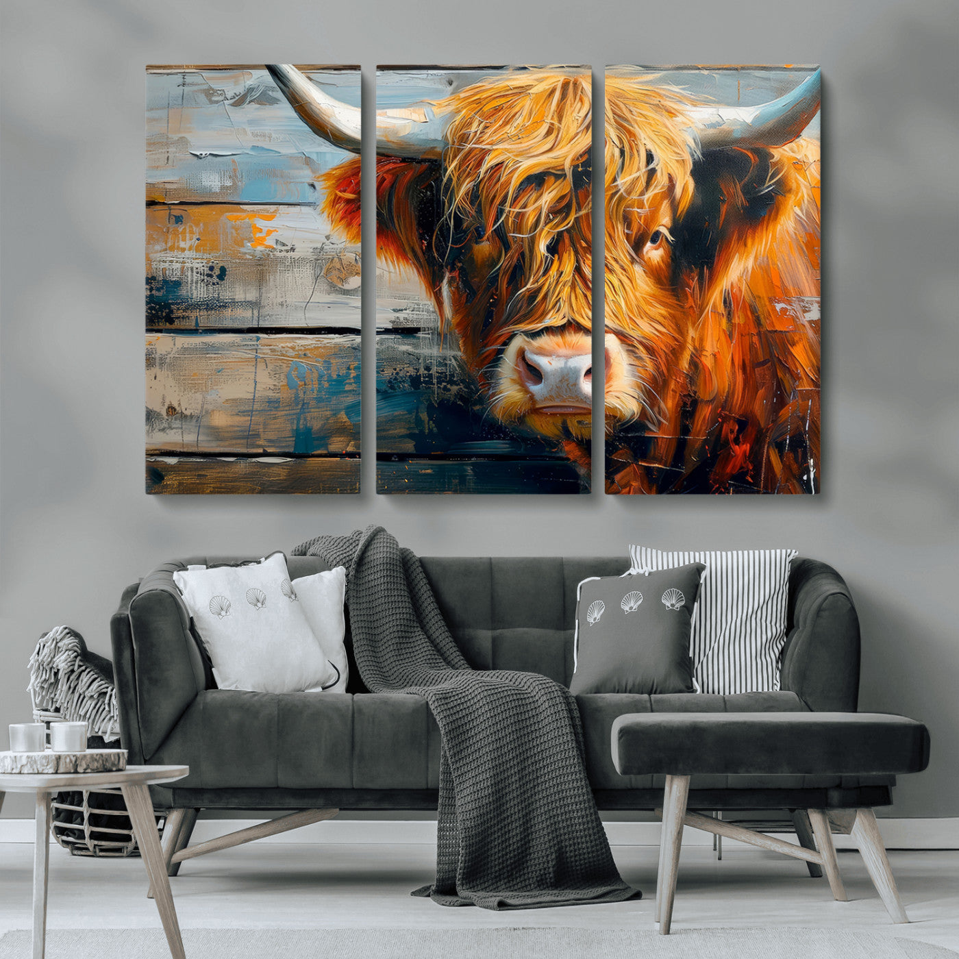 -Highland Cow Abstract Canvas Wall Art – Bold Farmhouse Rustic Decor – Ready to Hang