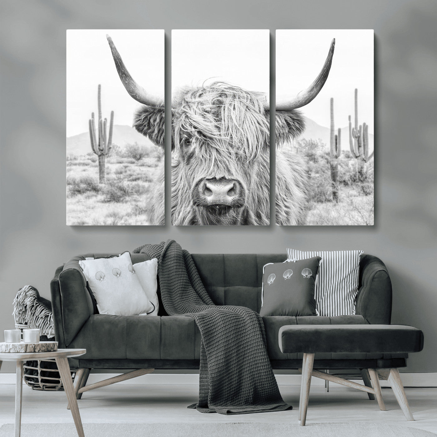-Rustic Charm | Cow Longhorn Black White Bighorn Wall Art Canvas Print | Farmhouse Wall Art