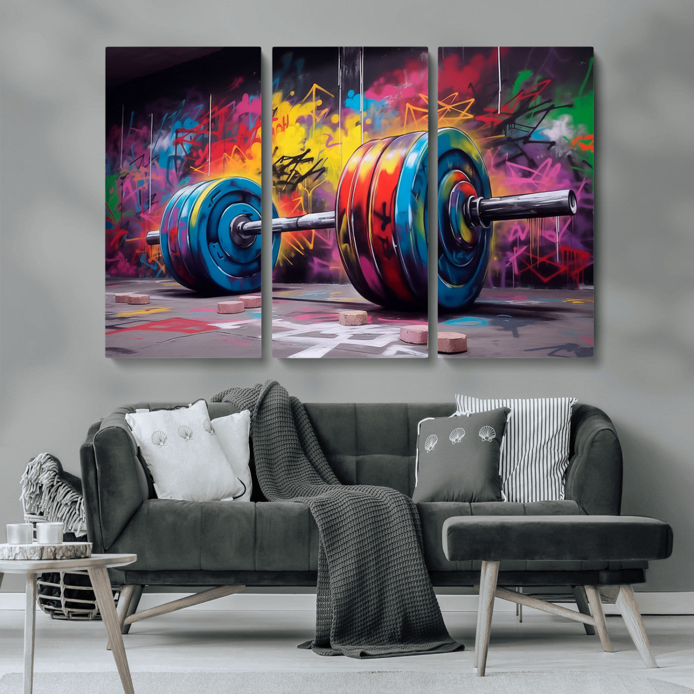 MGV-CV-48X32-3P - Abstract Graffiti Barbell Canvas Wall Art – Urban Fitness Meets Bold Street Art Print - Gym Wall Art Print