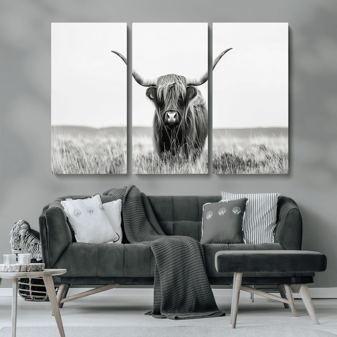 MGV-CV-48X32-3P - Highland Cow Canvas Wall Art – Majestic Beauty in Black and White