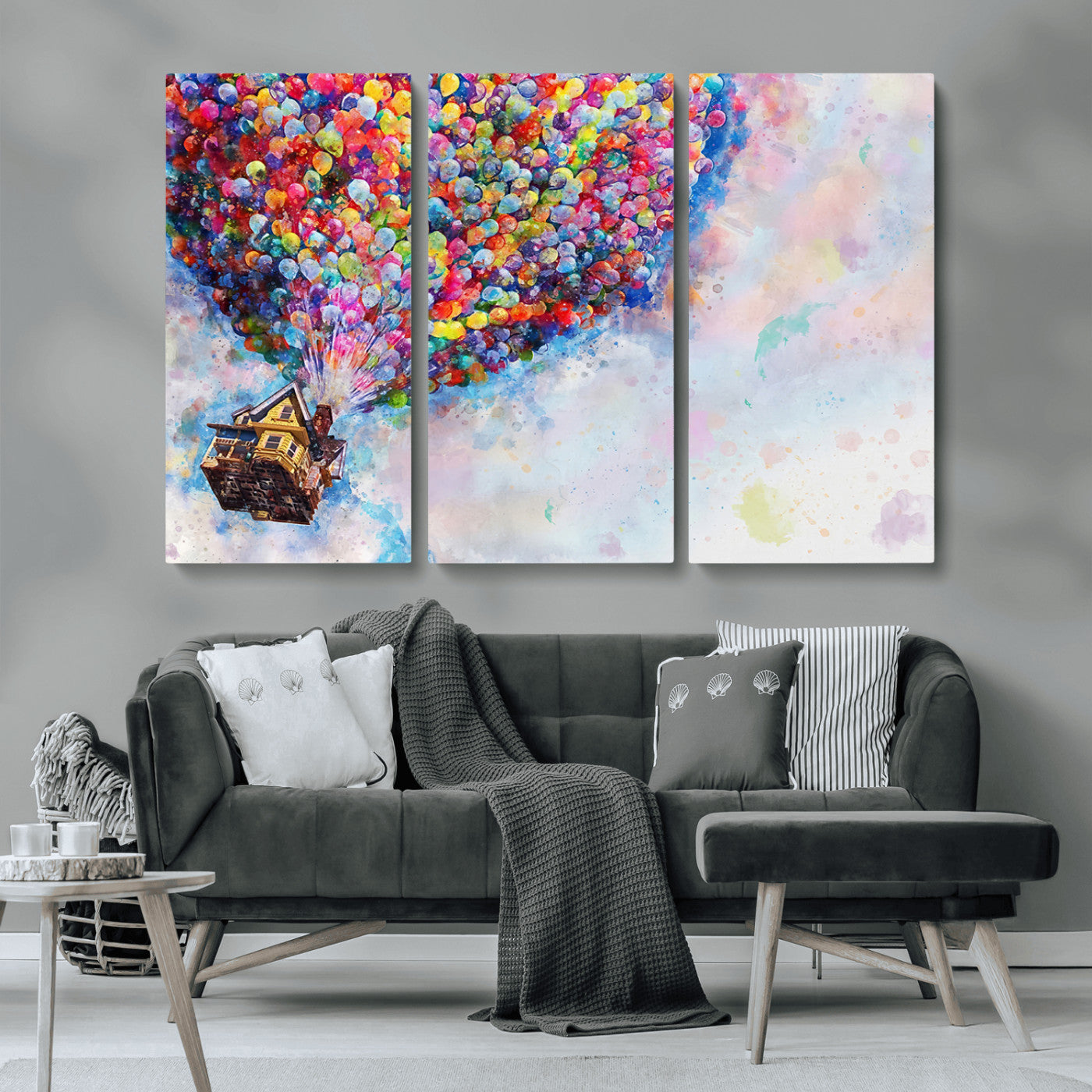 MGV-CV-48X32-3P - Don't Look Up Movie Canvas Wall Art - Vibrant Floating House and Balloons Scene, Tribute to Iconic