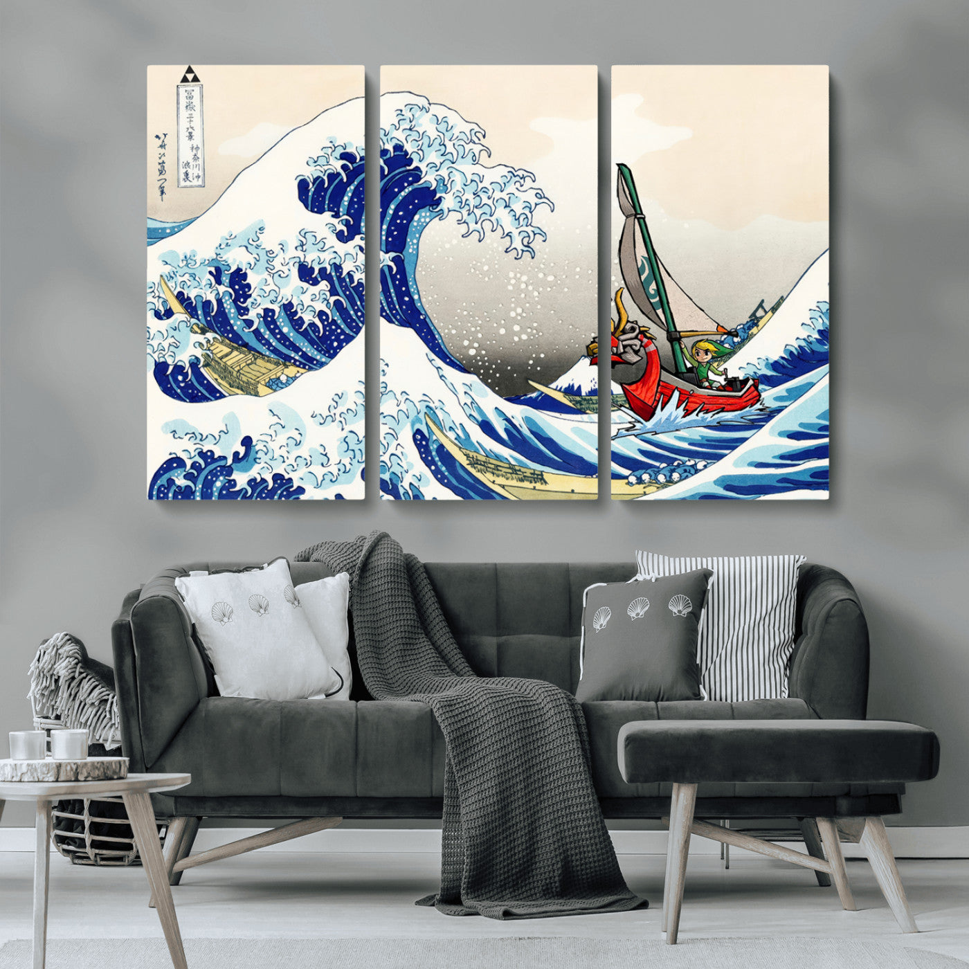 MGV-CV-48X32-3P - Katsushika Hokusai Kanagawa Giant Wave Wall Art Canvas Print | Iconic Japanese Art for Living Room