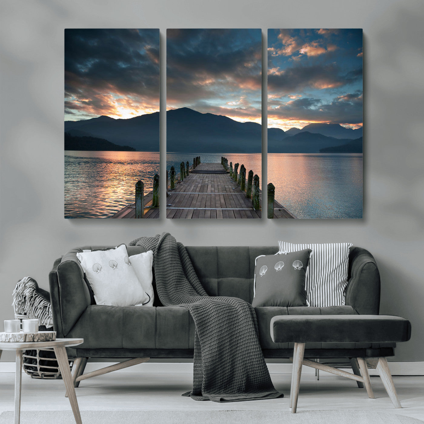 MGV-CV-48X32-3P - Mountain Lake Wood Pier Canvas Wall Art Nature Lake Print