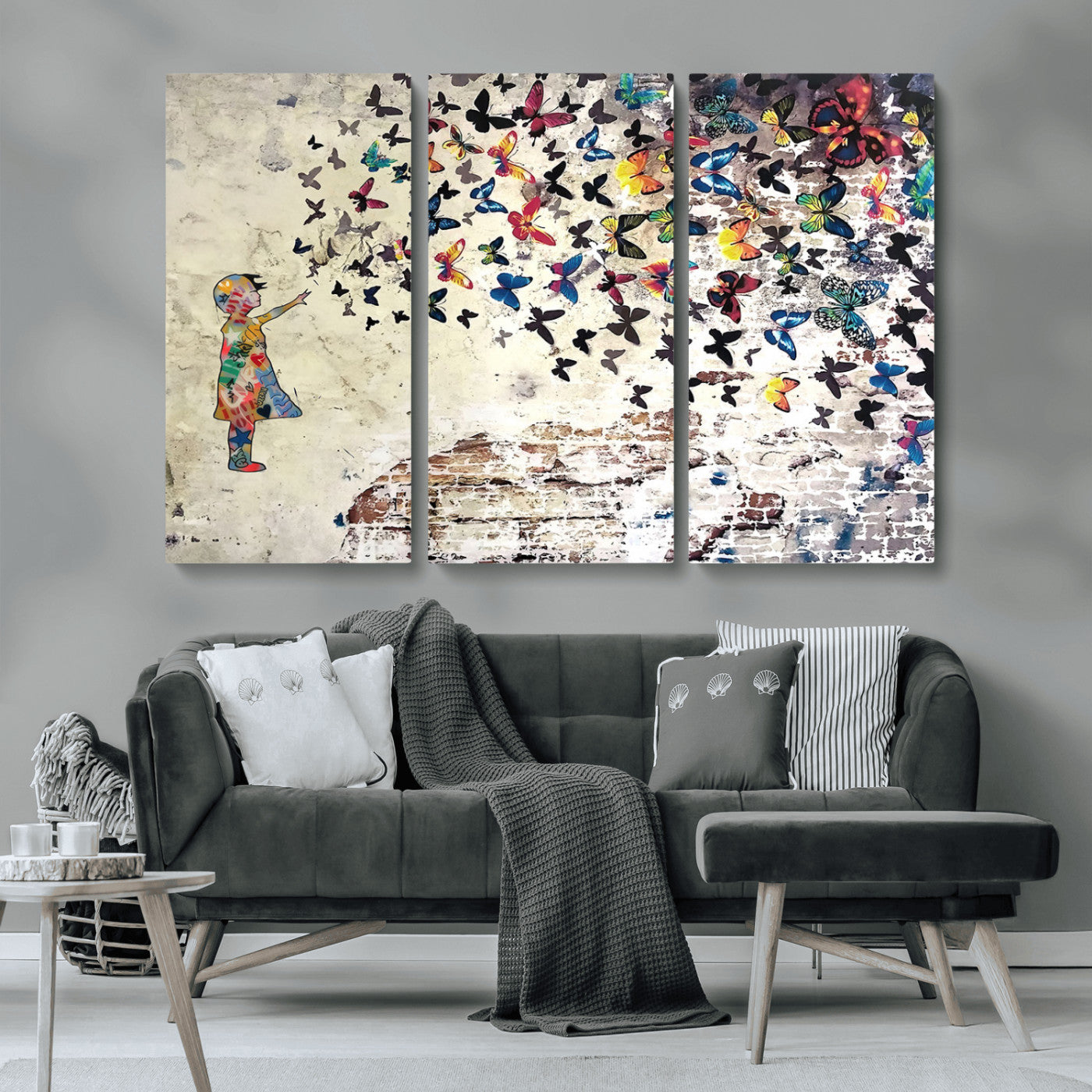 MGV-CV-48X32-3P - Banksy Wall Art - Banksy Girl Butterfly Graffiti Wall Art Canvas Print - Butterfly Girl and Freedom Flight - Vibrant Street Art Print