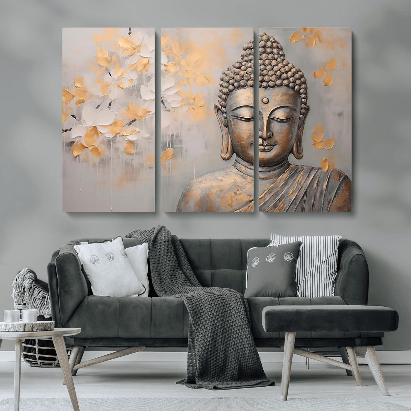 MGV-CV-48X32-3P - Abstract Buddha Statue Wall Art Canvas Print - Modern Meditation Decor for Living Room, Office, Yoga Studio Decor
