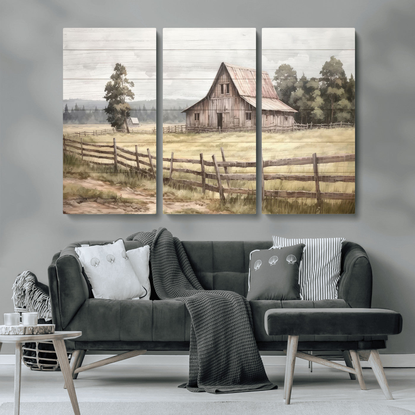 MGV-CV-48X32-3P - Rustic Farmhouse Barn Wall Art | 3-Panel Framed Gallery Wrap Giclee Canvas Print for Living Room, Farmhouse, or Office | Country Landscape Wall Art