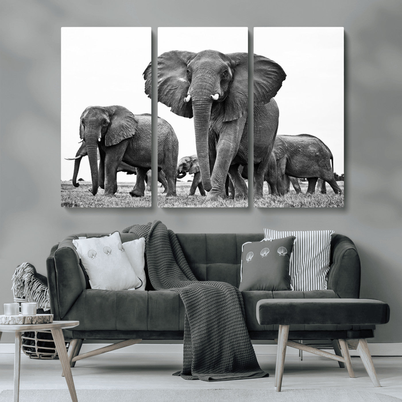 MGV-CV-48X32-3P - Black White Elephant Family Wall Art Canvas Print
