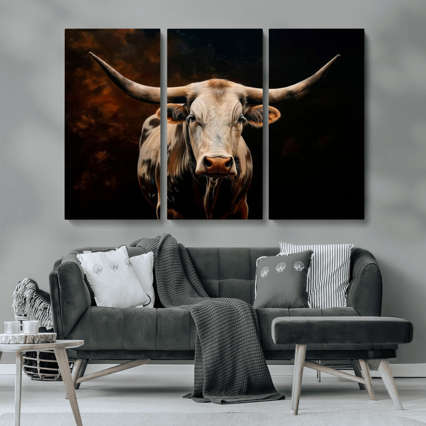 MGV-CV-48X32-3P - Texas Longhorn Wall Art | 3-Panel Large Texas Longhorn Canvas Print for Living Room, Office, or Farmhouse Decor | Framed Giclee Longhorn Wall Art