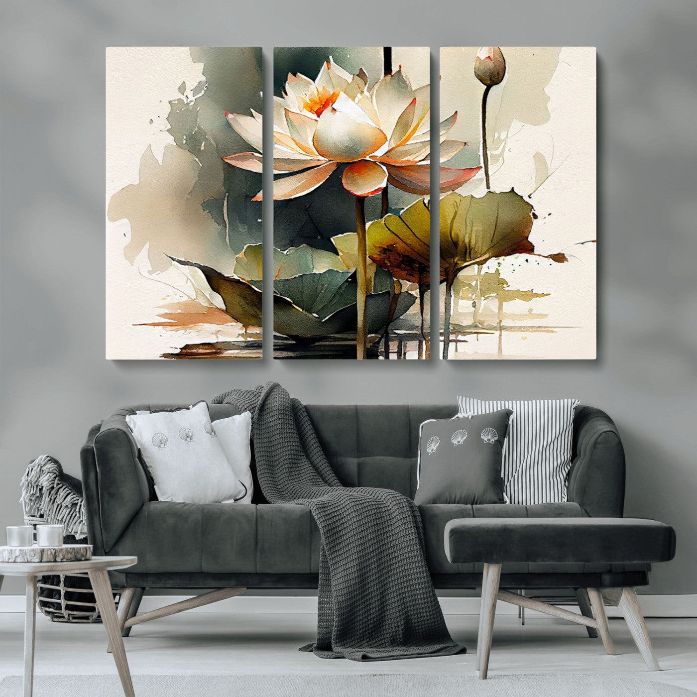 MGV-CV-48X32-3P - Lotus Flower Watercolor Canvas Print – A Symbol of Serenity and Growth, Captured in Soft Watercolors – Contemporary Wall Art for Tranquil Spaces