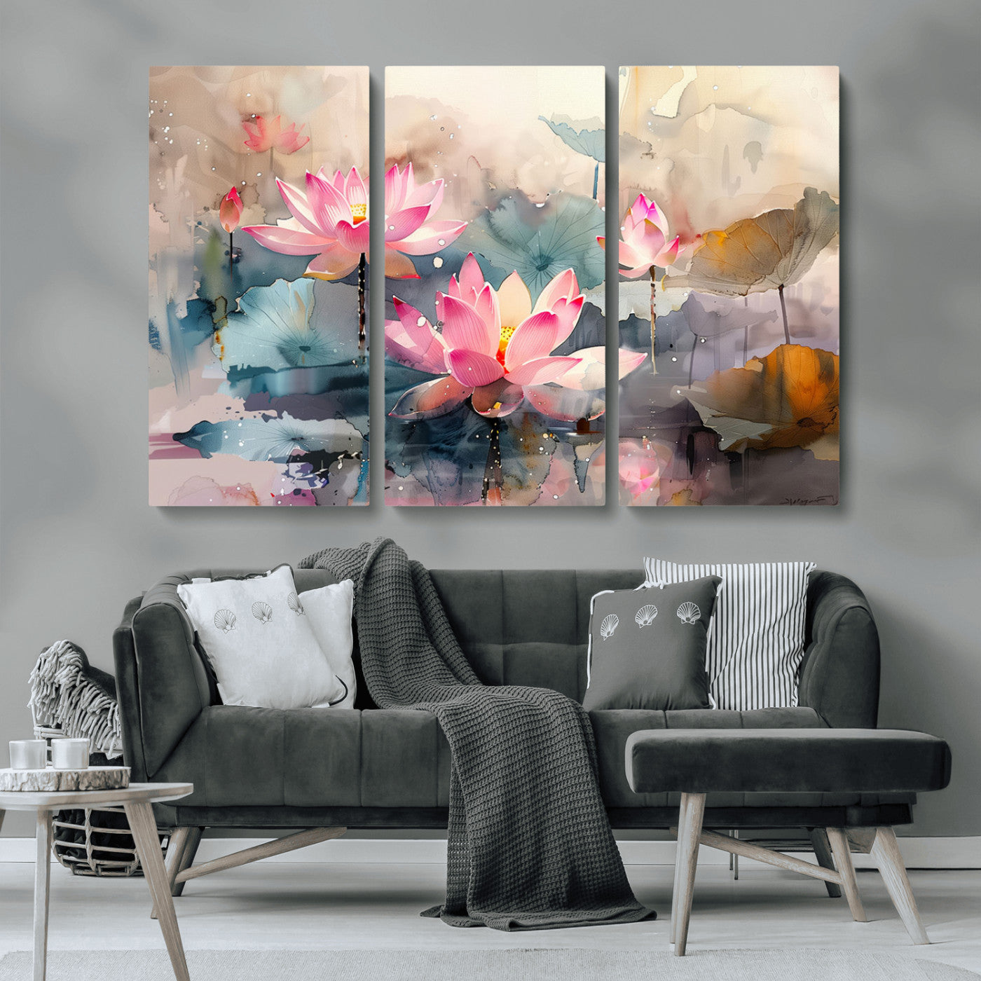 MGV-CV-48X32-3P - Lotus Flower Wall Art | 3-Panel Giclee Canvas Print of Pink Lotus Blossoms for Living Room, Bedroom, Office | Framed Lotus Floral Wall Art Decor Print