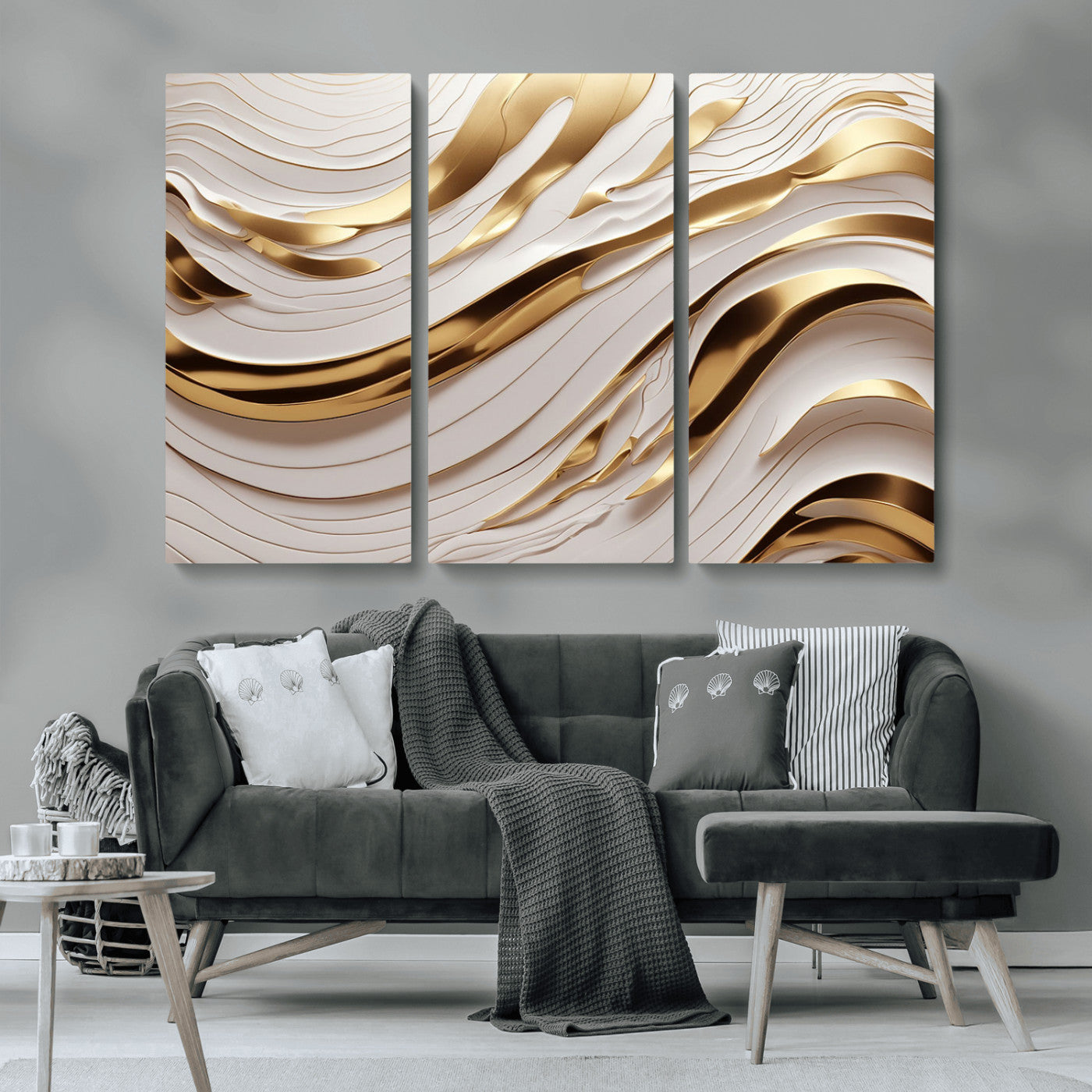 -Gold and White Abstract Wave Canvas – Elegant Flowing Design with Luxurious Golden Accents –