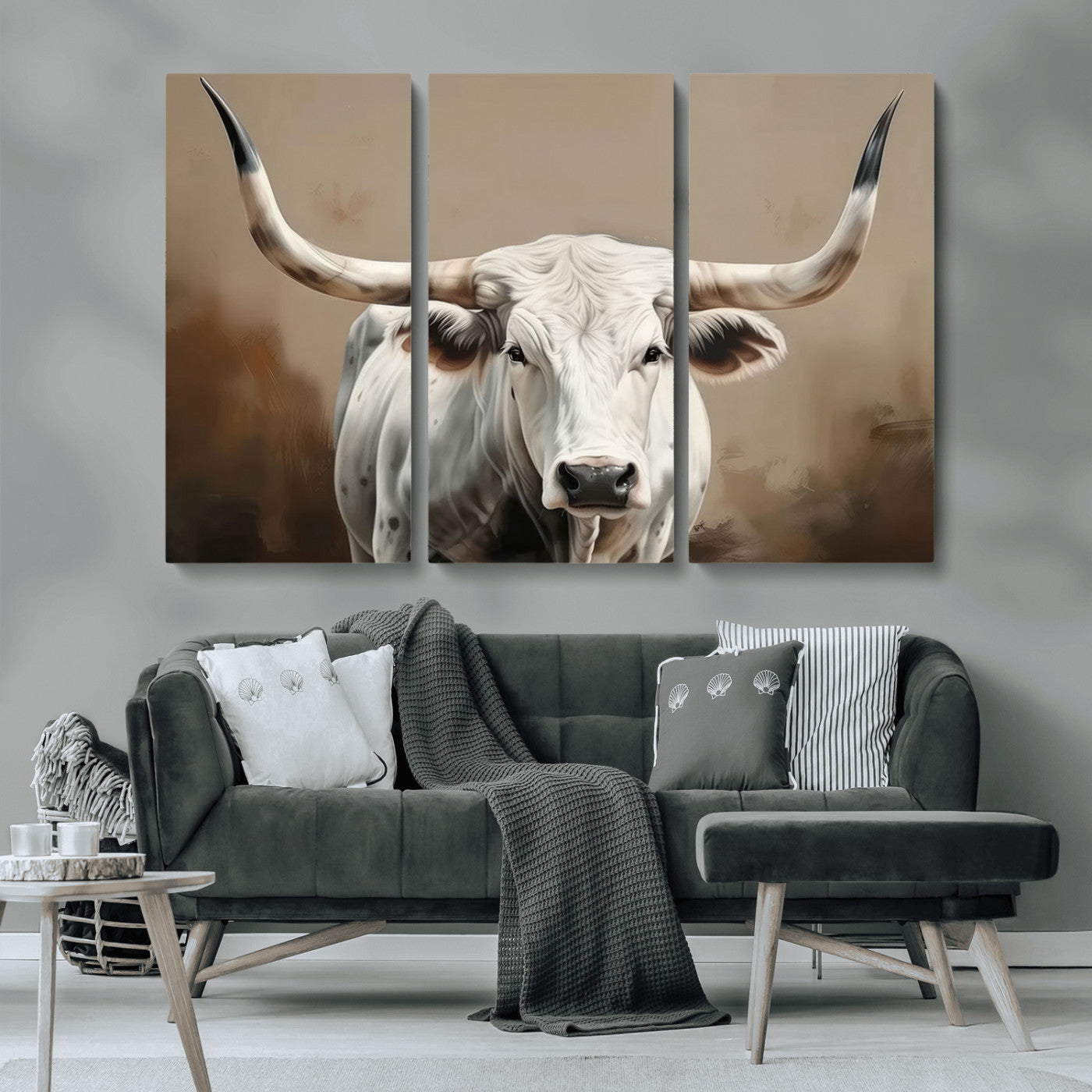 61423-MGV-CV-48X32-3P-White Longhorn Bull Wall Art Canvas Print – Framed and Ready to Hang – Perfect for Farmhouse and