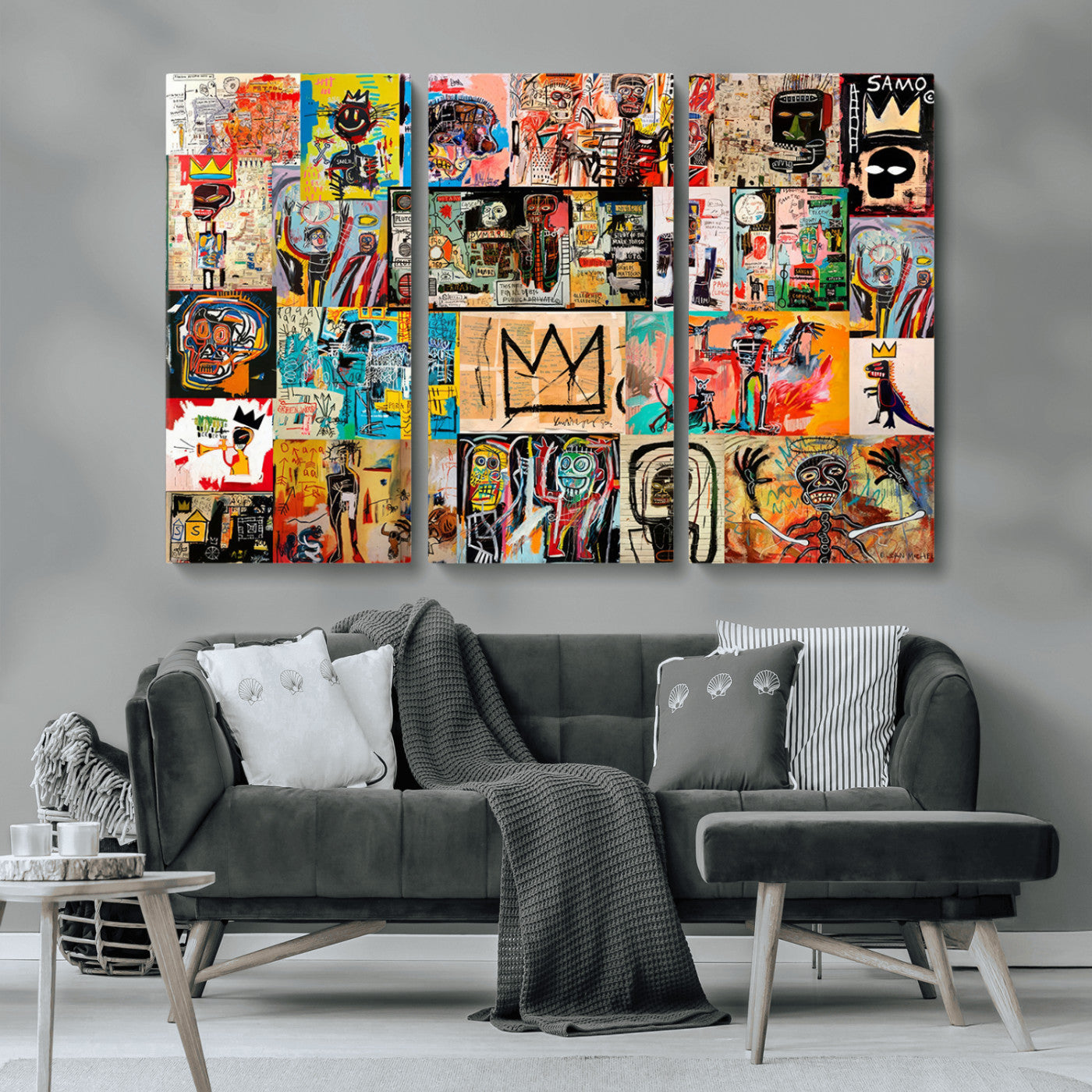 MGV-CV-48X32-3P - Basquiat Art Collage Wall Art Canvas Print – Framed, Ready to Hang, Urban Graffiti Style
