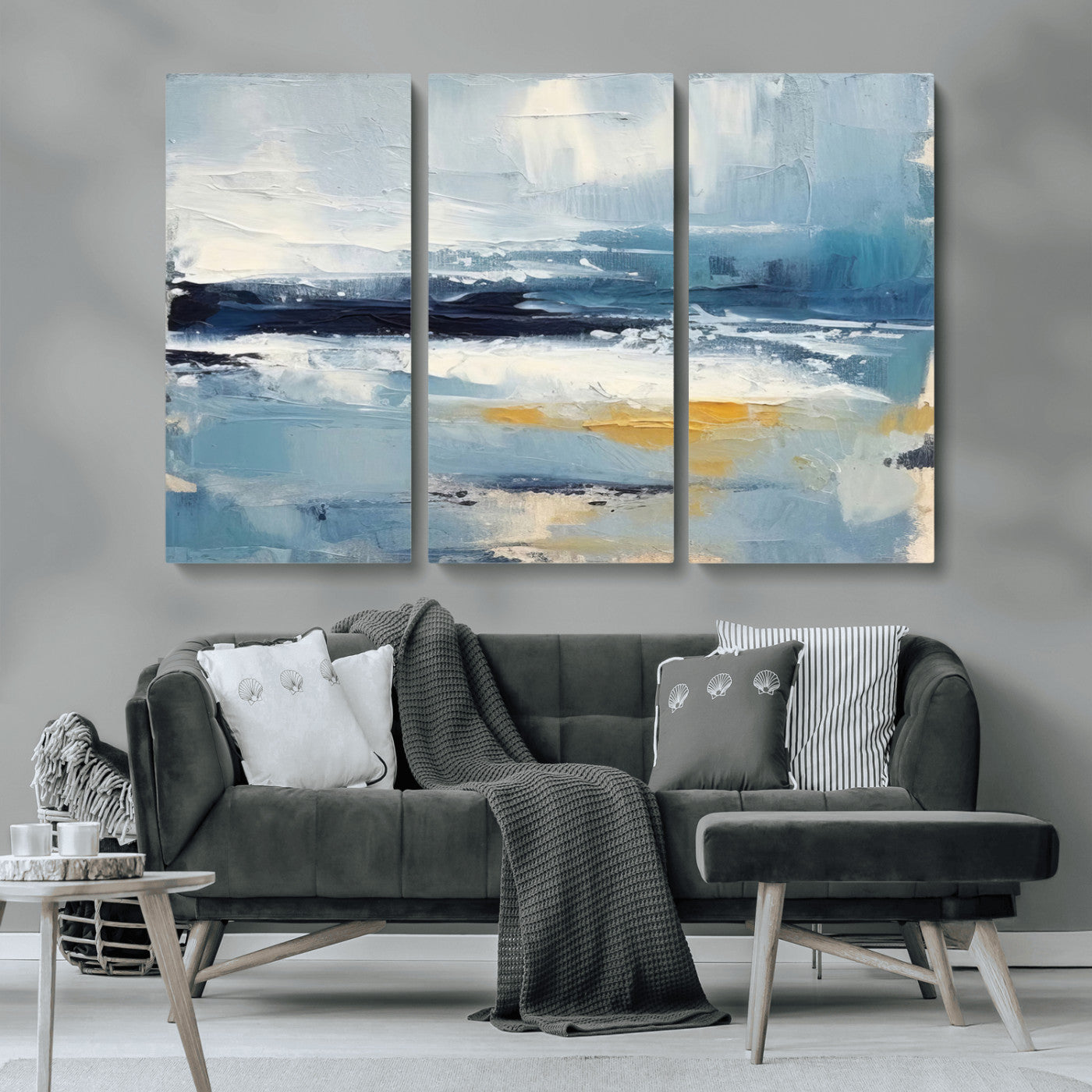 MGV-CV-48X32-3P - Abstract Ocean Canvas Wall Art - Coastal Blue and Gold Textured Painting, Modern Seascape Decor for Living Room Decor