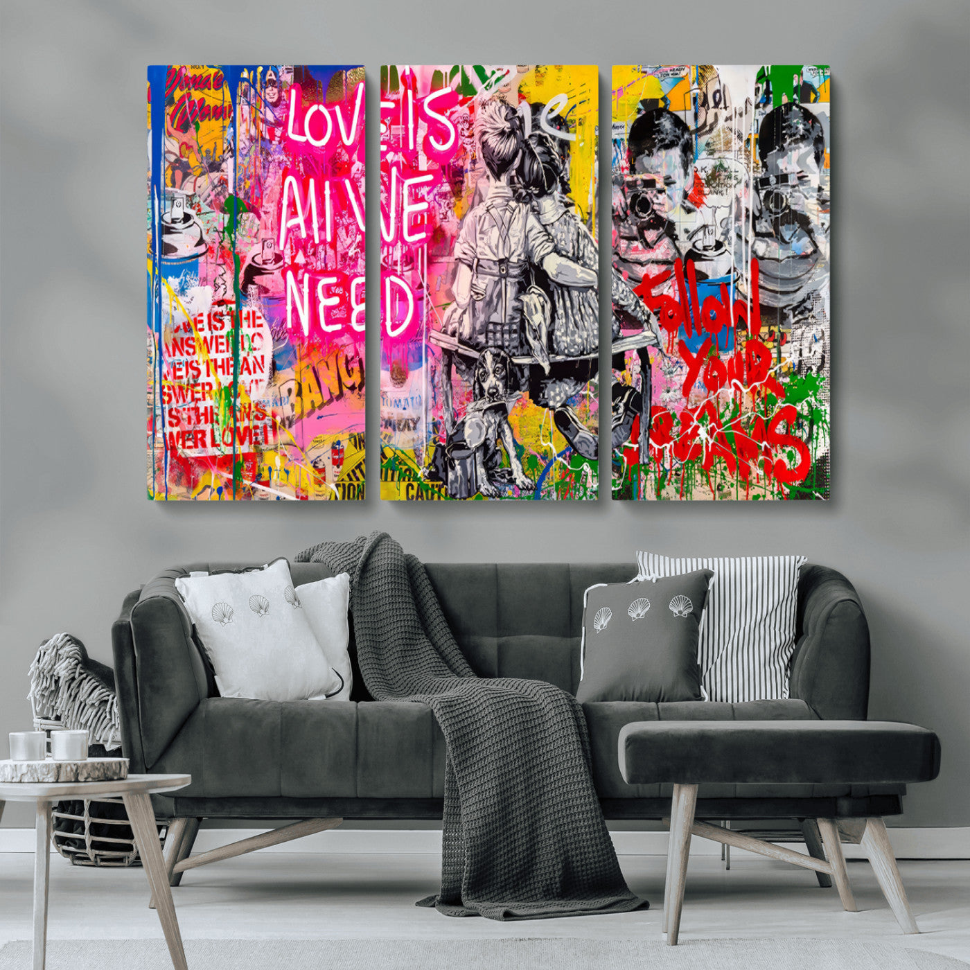 MGV-CV-48X32-3P - Follow Your Dreams & Love is All We Need Graffiti Street Art Triptych | 3-Panel Colorful Urban Wall Art for Living Room, Office, Loft Graffiti Wall Art Print