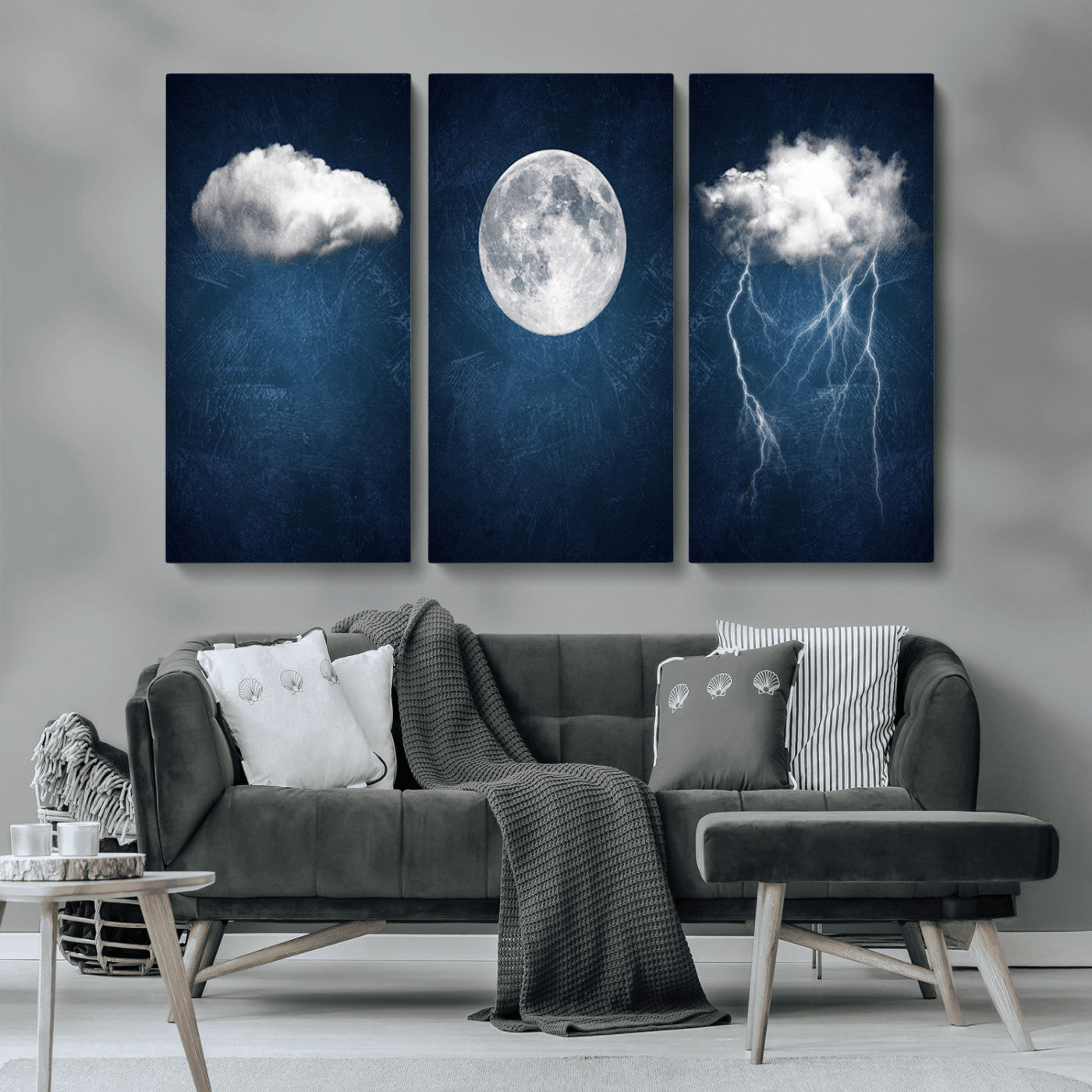 -Dark Blue Cloud Art, 3 Piece Indigo Blue Wall Art, Aesthetic Surreal Art, Thunderstorm Moon Cloud
