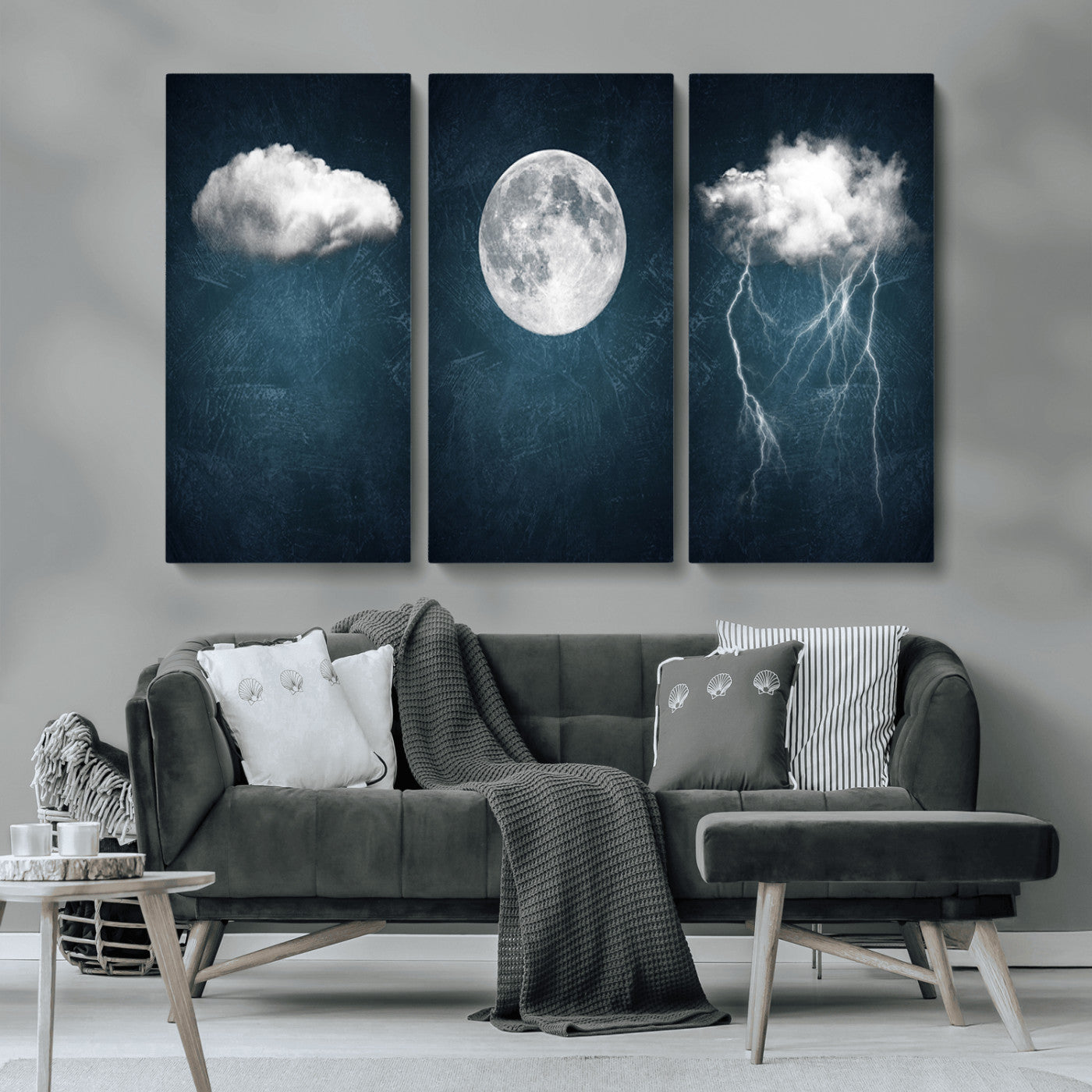 -3 Piece Indigo Cloud Wall Art, Thunderstorm Moon Cloud Artworks