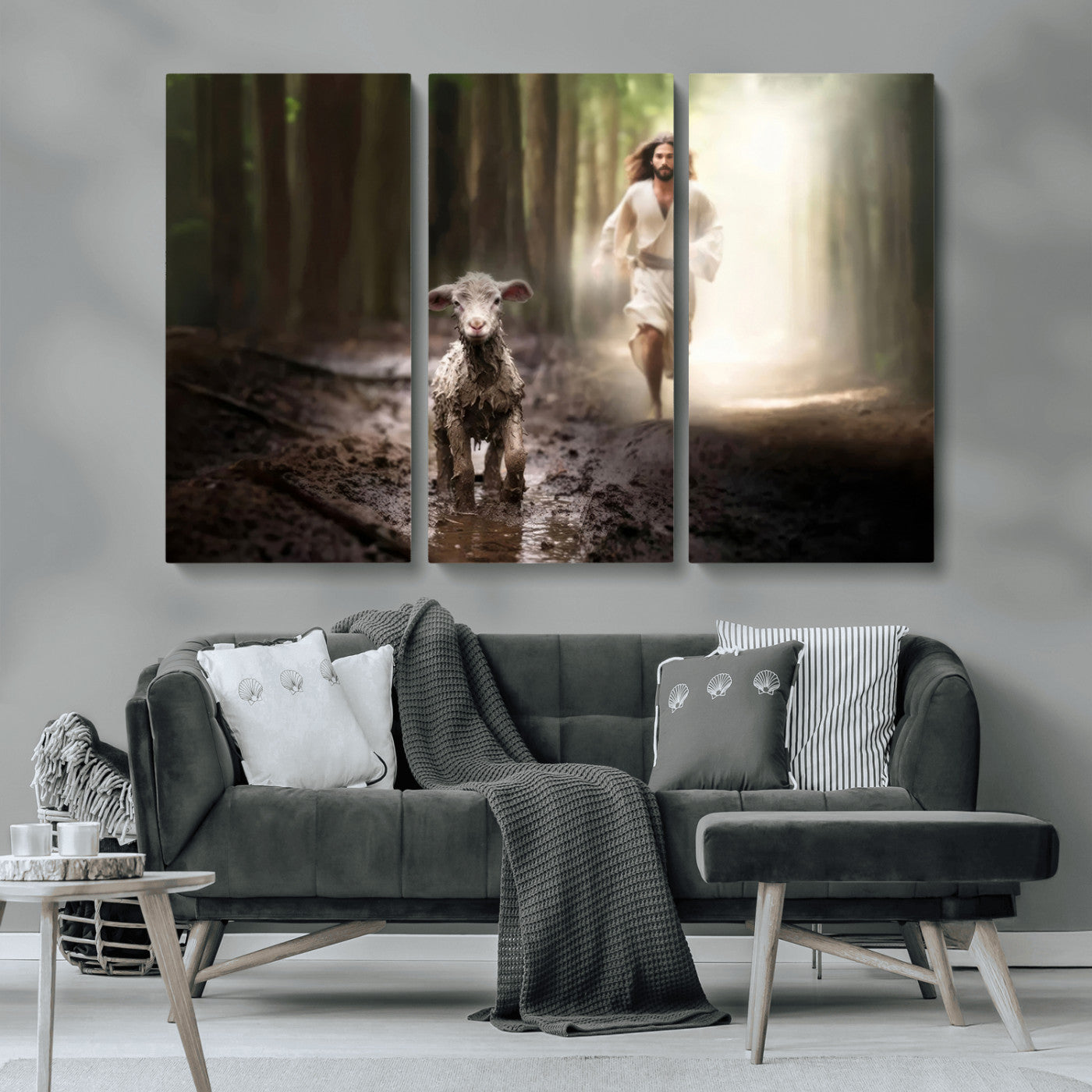 MGV-CV-48X32-3P - Jesus Canvas Wall Art - Jesus Running After Lost Lamb, Jesus, Christian Home Decor - Church Wall Art