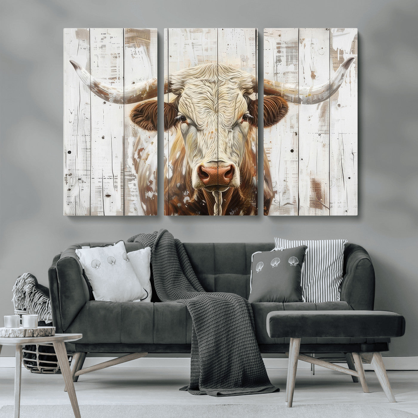 -Rustic Longhorn Bull Wall Art Canvas Set – Western-Inspired Farmhouse Décor - Ready to Hang