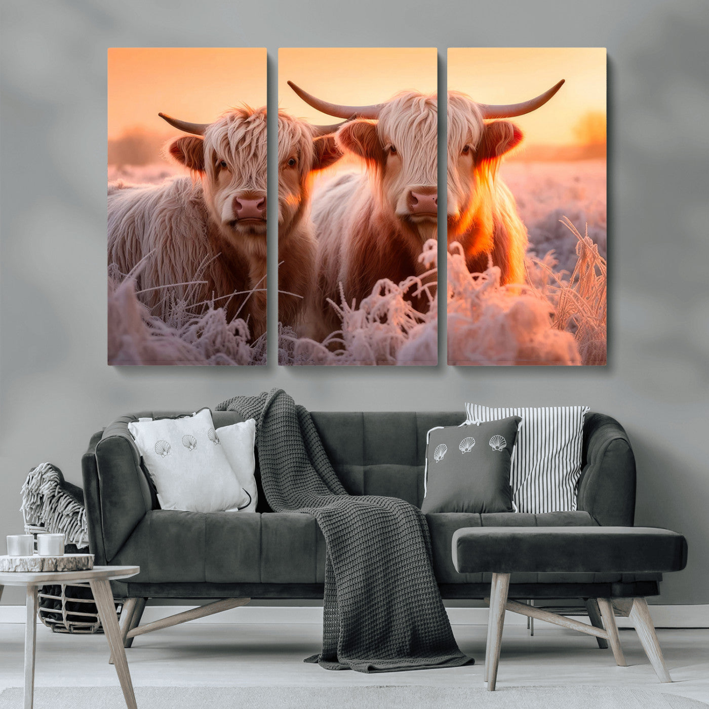-Highland Cows at Sunrise Wall Art Canvas Set – Serene and Rustic Farmhouse Decor