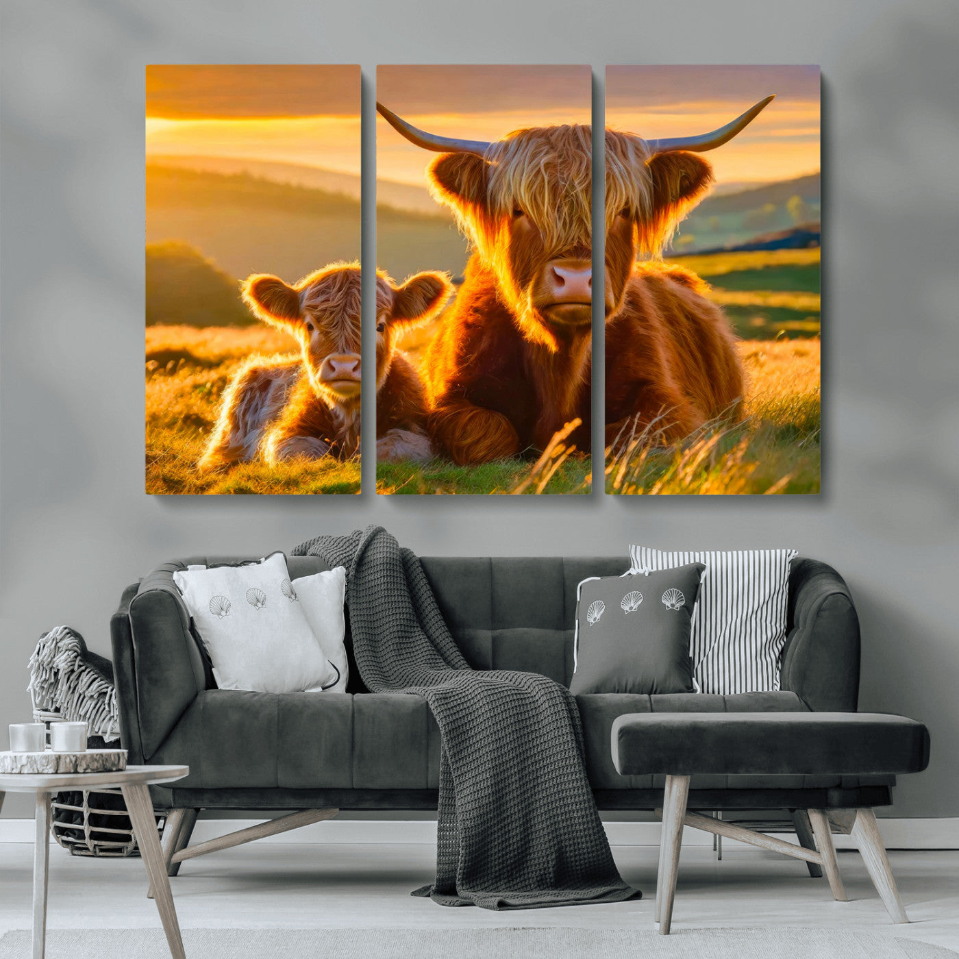 -Scottish Cow and Baby Cow Canvas Wall Art Animal Print Fluffy Cattle Framed Farmhouse Decor