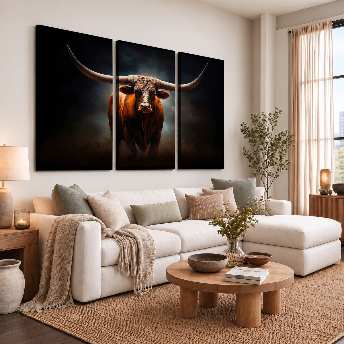 48896-MGV-CV-24X16 - Abstract Texas Longhorn Wall Art Print | 3-Panel Large Texas Longhorn Canvas