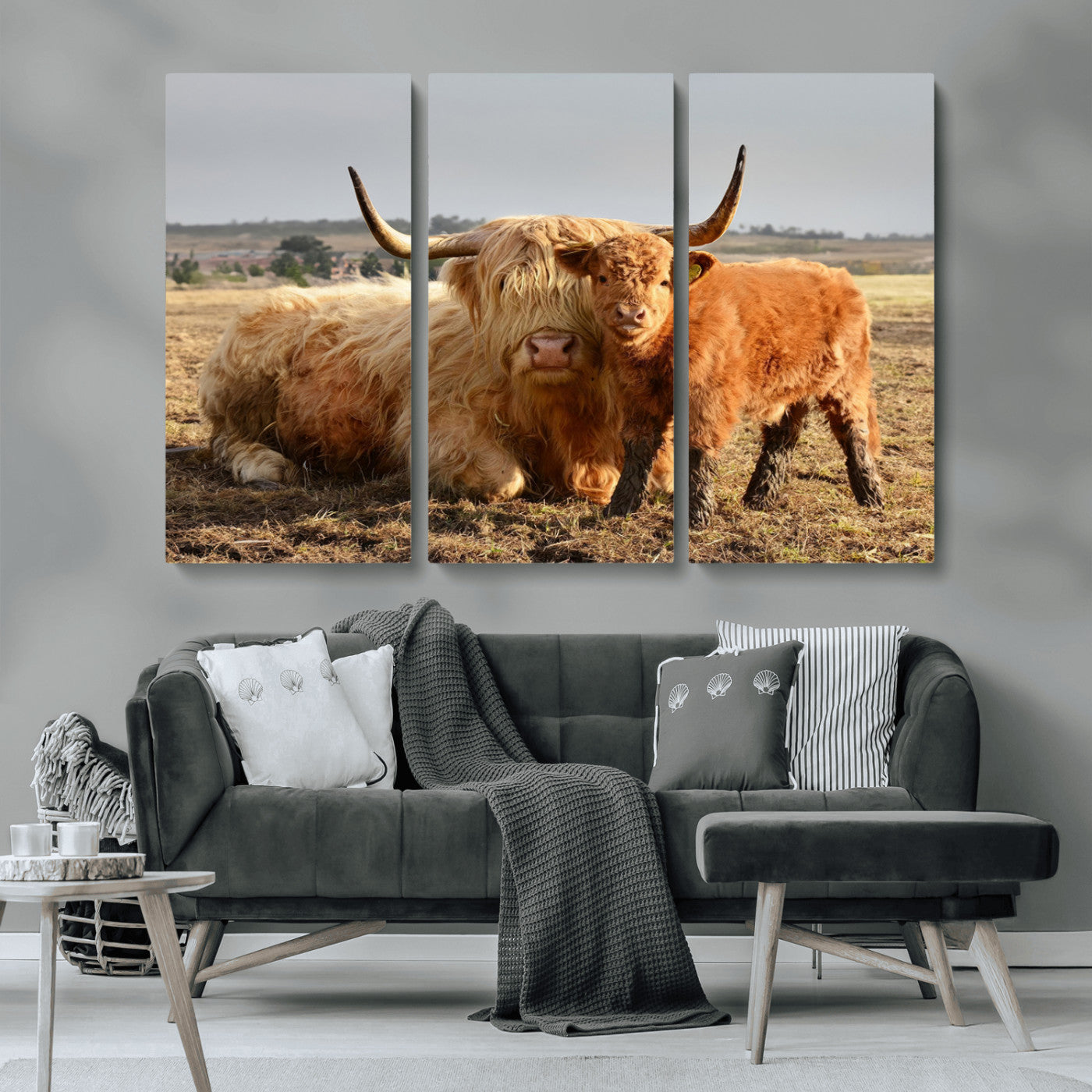 MGV-CV-48X32-3P - Highland Cow Canvas Wall Art Animal Print for Farm House Decor