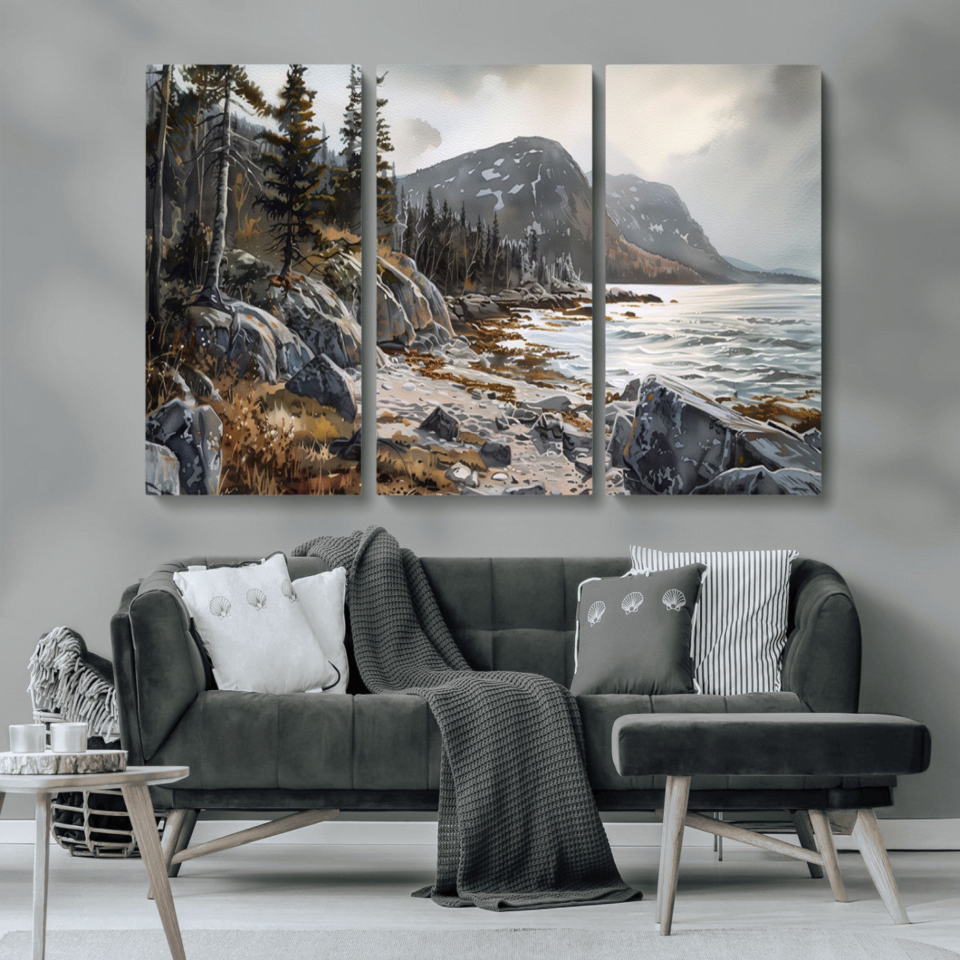 -Serene Coastal View of Acadia National Park - Stunning 3-Panel Wall Art Canvas Print, Framed, Ready