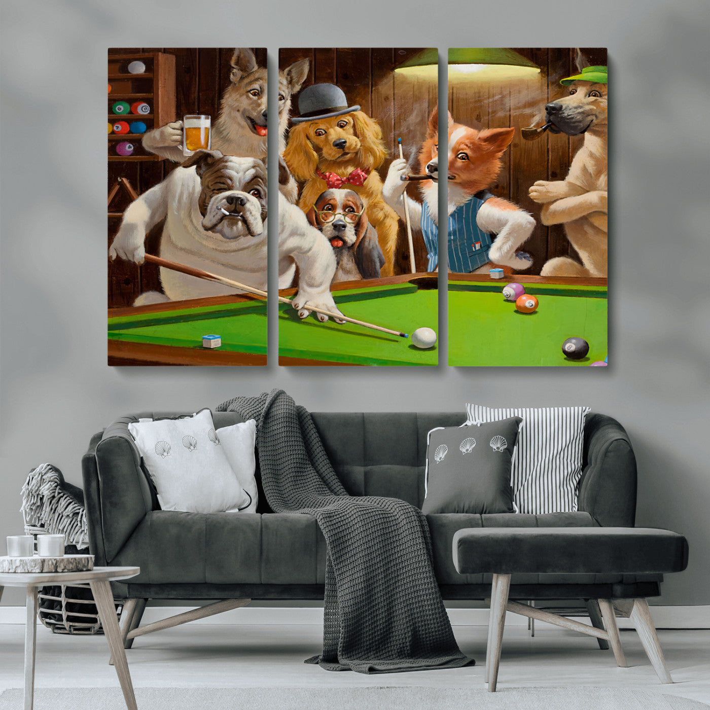 MGV-CV-48X32-3P - Dogs Playing Pool Canvas Wall Art Funny Gifts Dog Print