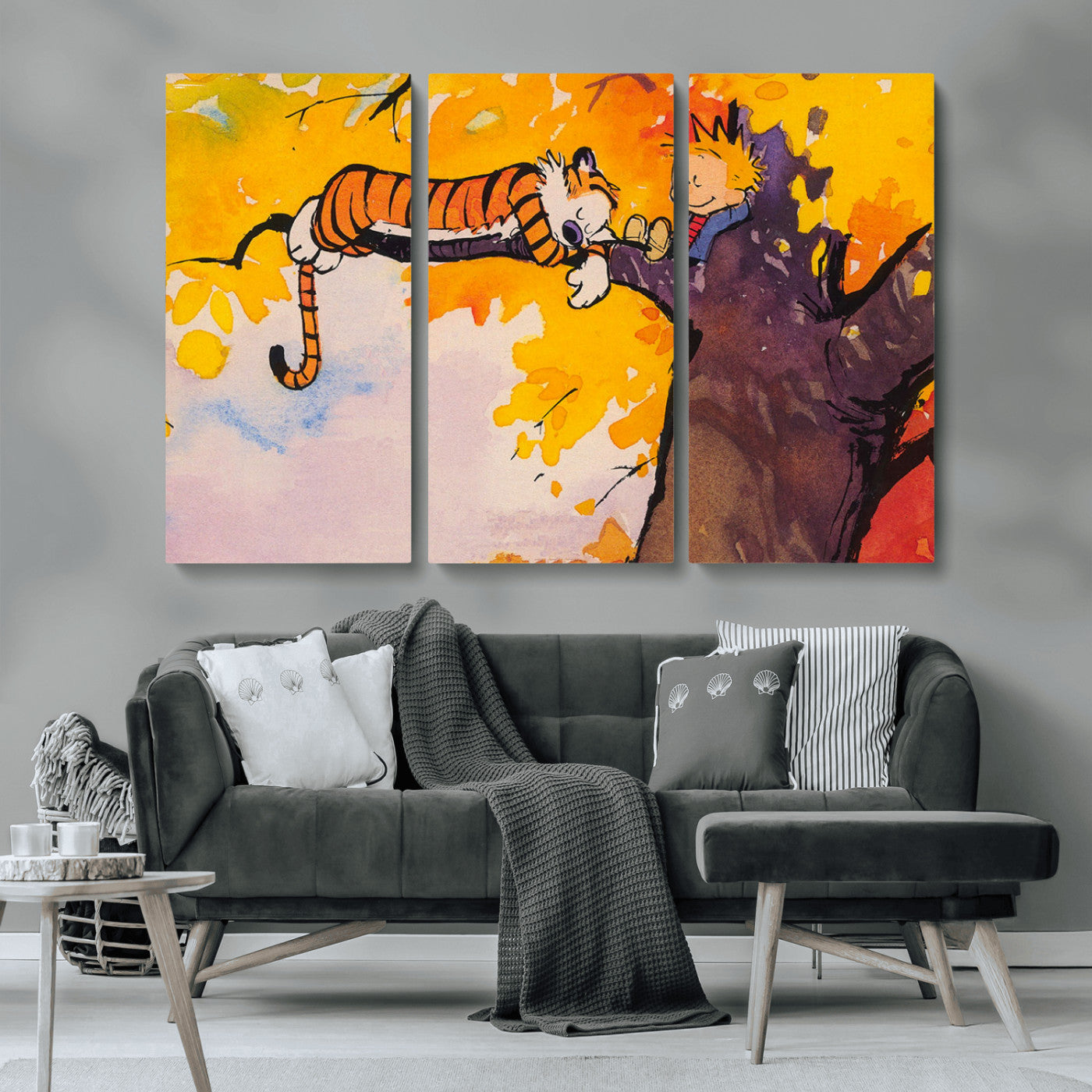 MGV-CV-48X32-3P - Calvin and Hobbes Tree Scene Canvas Print | 3 Panel Large Wall Art for Living Room or Kid’s Room,