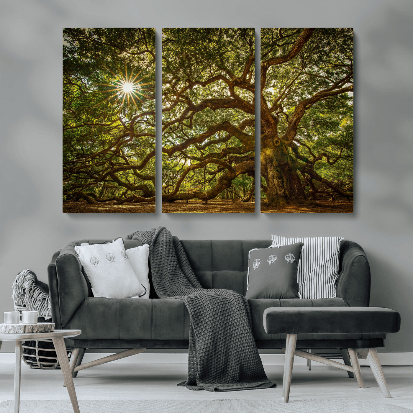 MGV-CV-48X32-3P - Ancient Angel Oak Tree Art Sunburst Canvas Print- Nature-Inspired Triptych Canvas Print, Framed, Ready to Hang