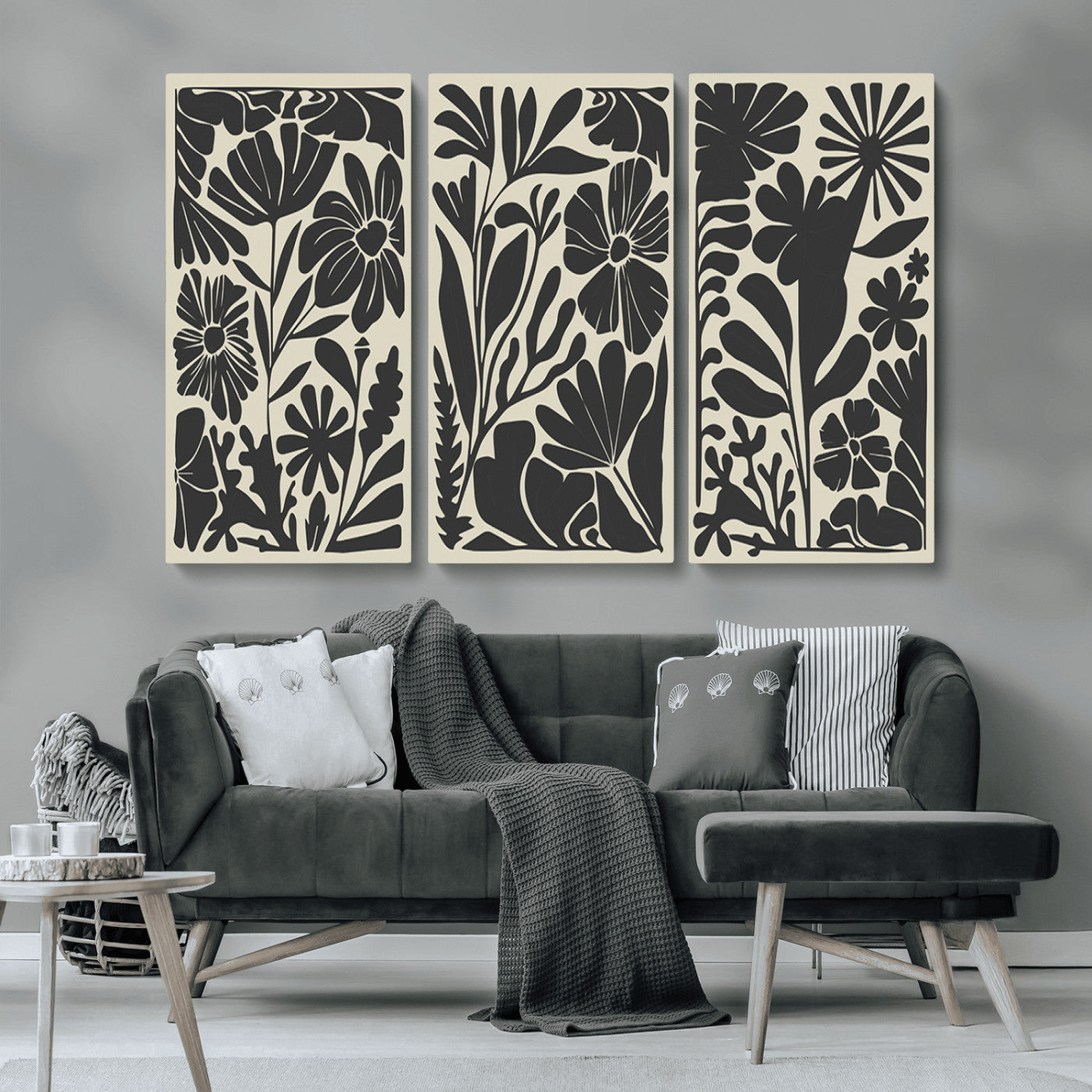 MGV-CV-48X32-3P - Modern Botanical Wall Art - Floral Black and White Canvas Print, Framed, Ready to Hang